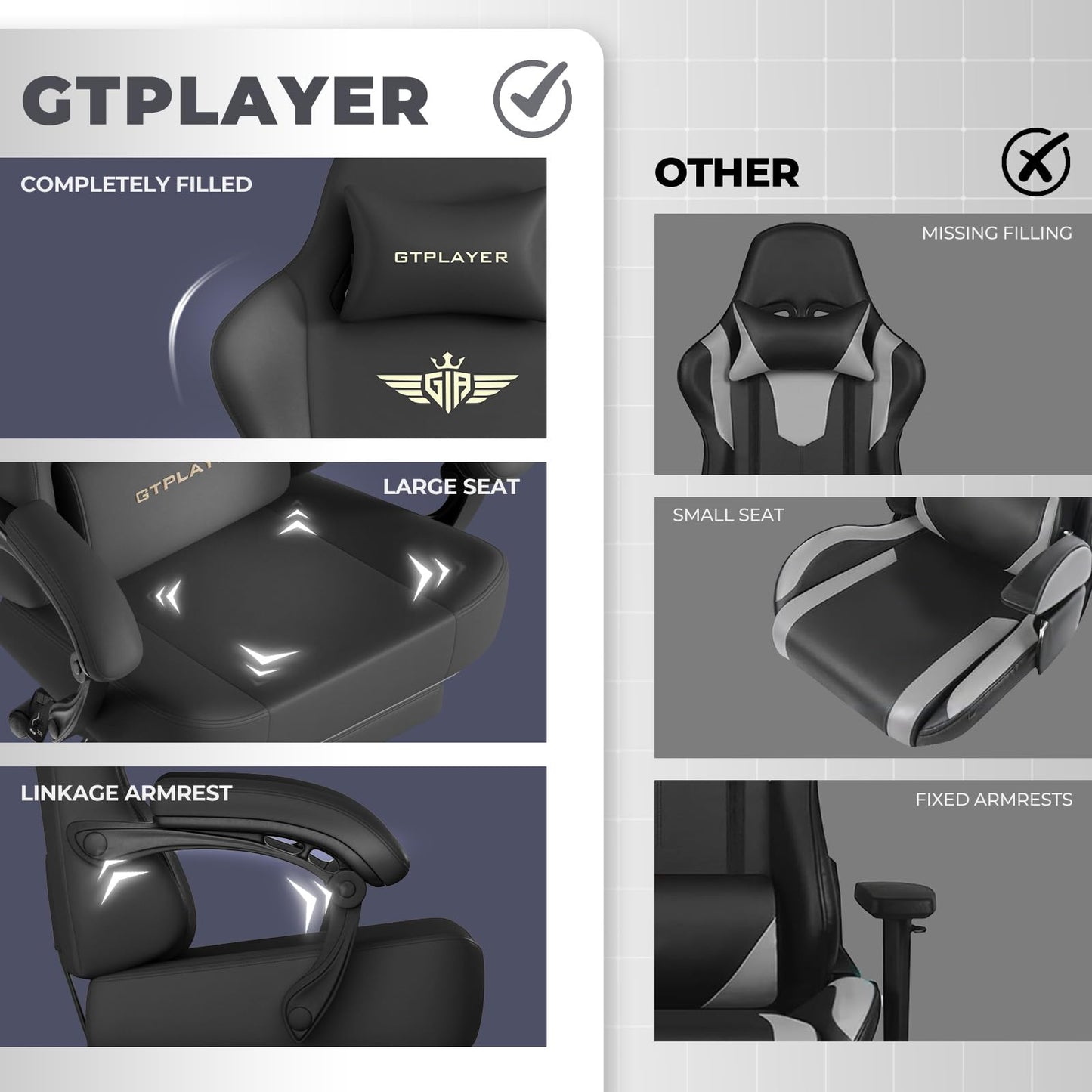 GTPLAYER Big and Tall Gaming Chair 400lbs Heavy Duty Office Chair with Footrest, High Back Pocket Spring Ergonomic Computer Chair for Adults, Wide Cushion with Linkage Armrests,Leather Black-Massage
