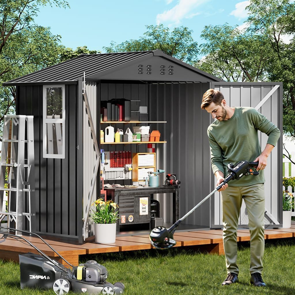 COMHOMA Shed Storage Outdoor Metal Windowed Lockable Garden Toolhouse Weatherproof Ventilated Backyard Utility Workshop(Grey,6'x4')