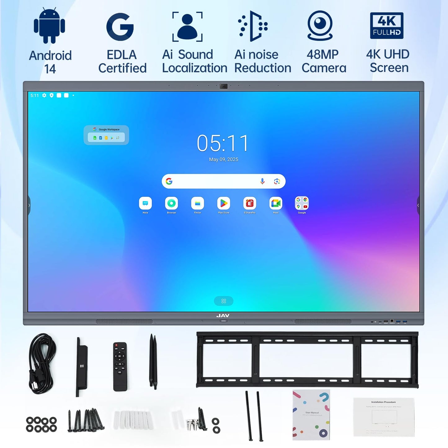 JAV Smart Board Interactive Whiteboard for Classroom Office Home, 4K UHD 8+128GB Touchscreen Smartboard with Built-in EDLA Licensed Android OS & Open App Ecosystem, Wi-Fi & Bluetooth