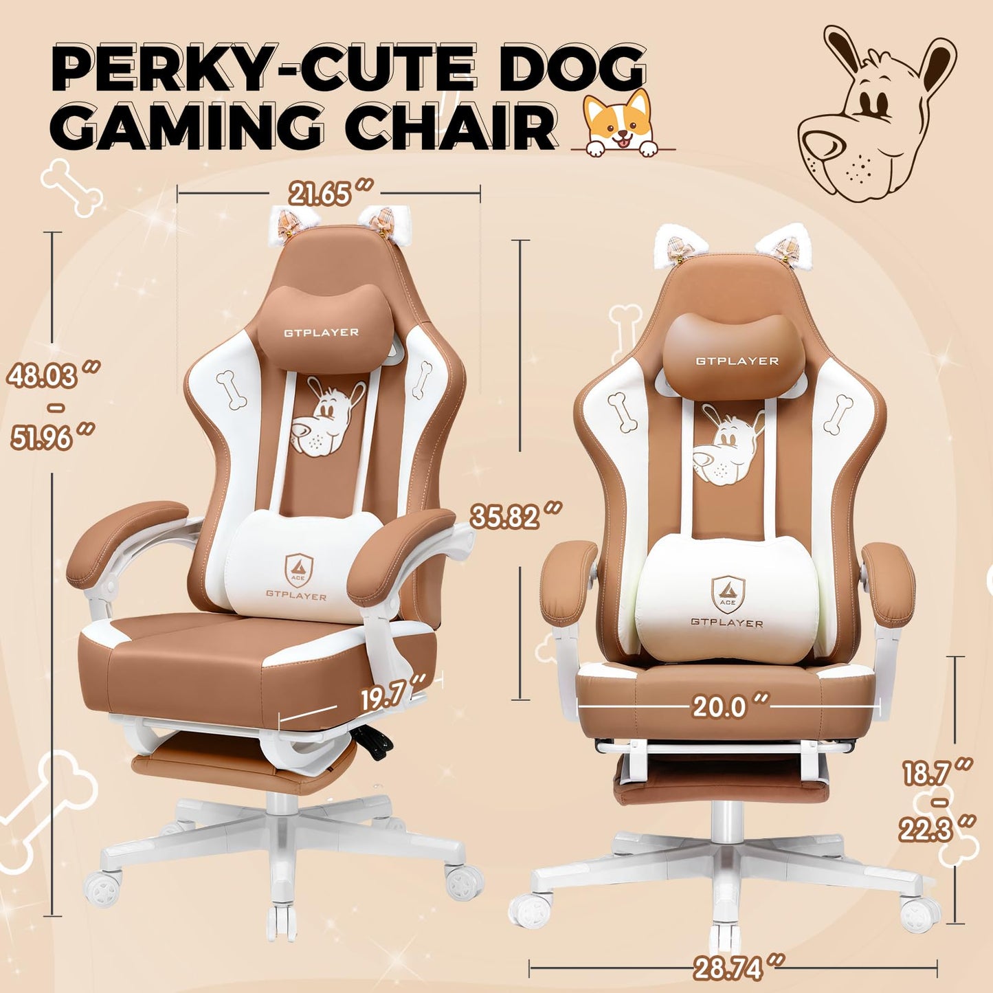 GTPLAYER Gaming Chair Cute with Cat Ears Ergonomic Computer Chair with Dog Embroidery Adjustable Memory Foam Lumbar Support and Headrest Comfortable Reclining Office Chair for Girls, Teens, Women