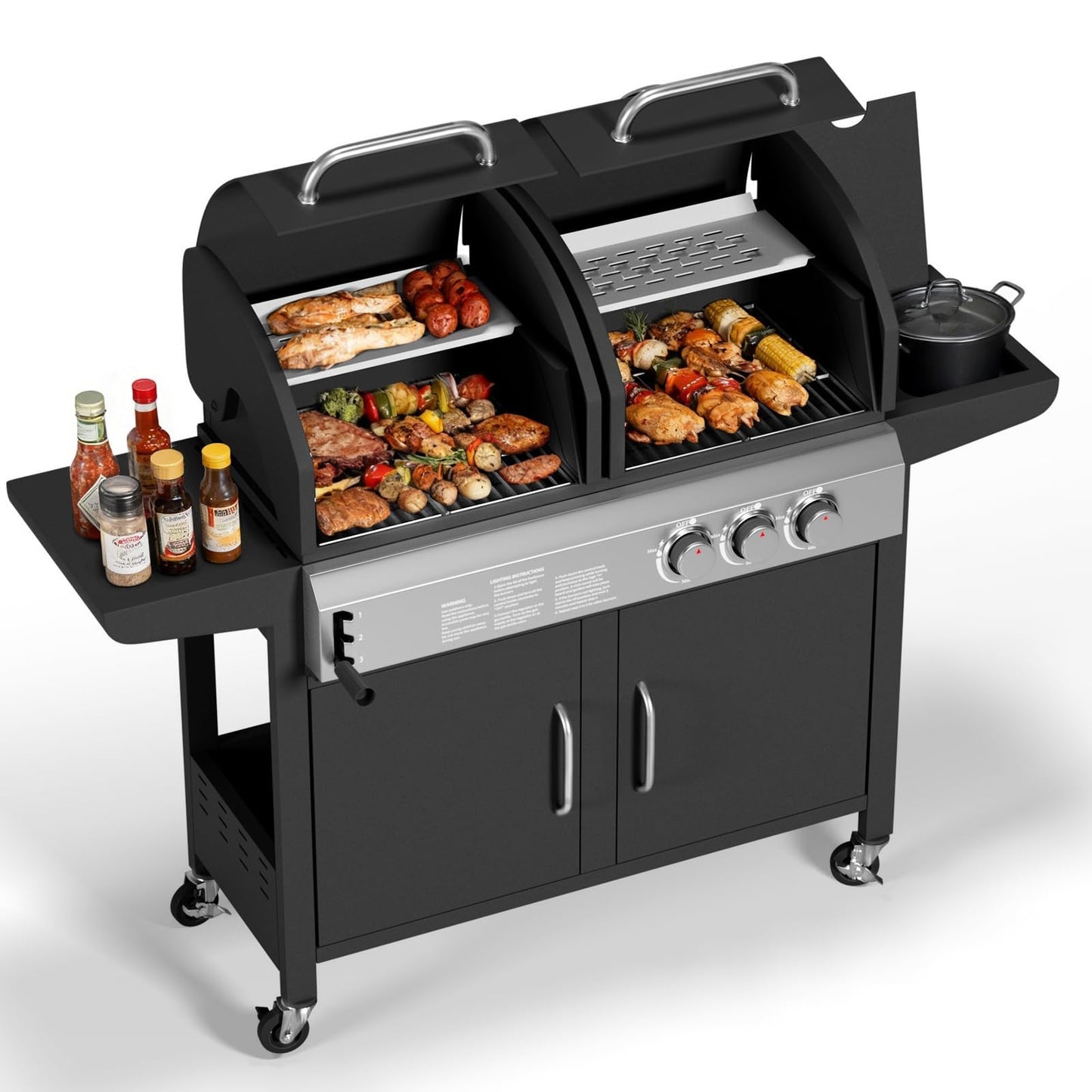 PeakPursuit Dual Fuel Gas & Charcoal Grill Combo – 24,000 BTU Main Disposables, 8,000 BTU Side Disposable, 690 Sq.In. Porcelain Grate, Stainless Steel, Storage Cabinet, Wheels – 24,000 BTU