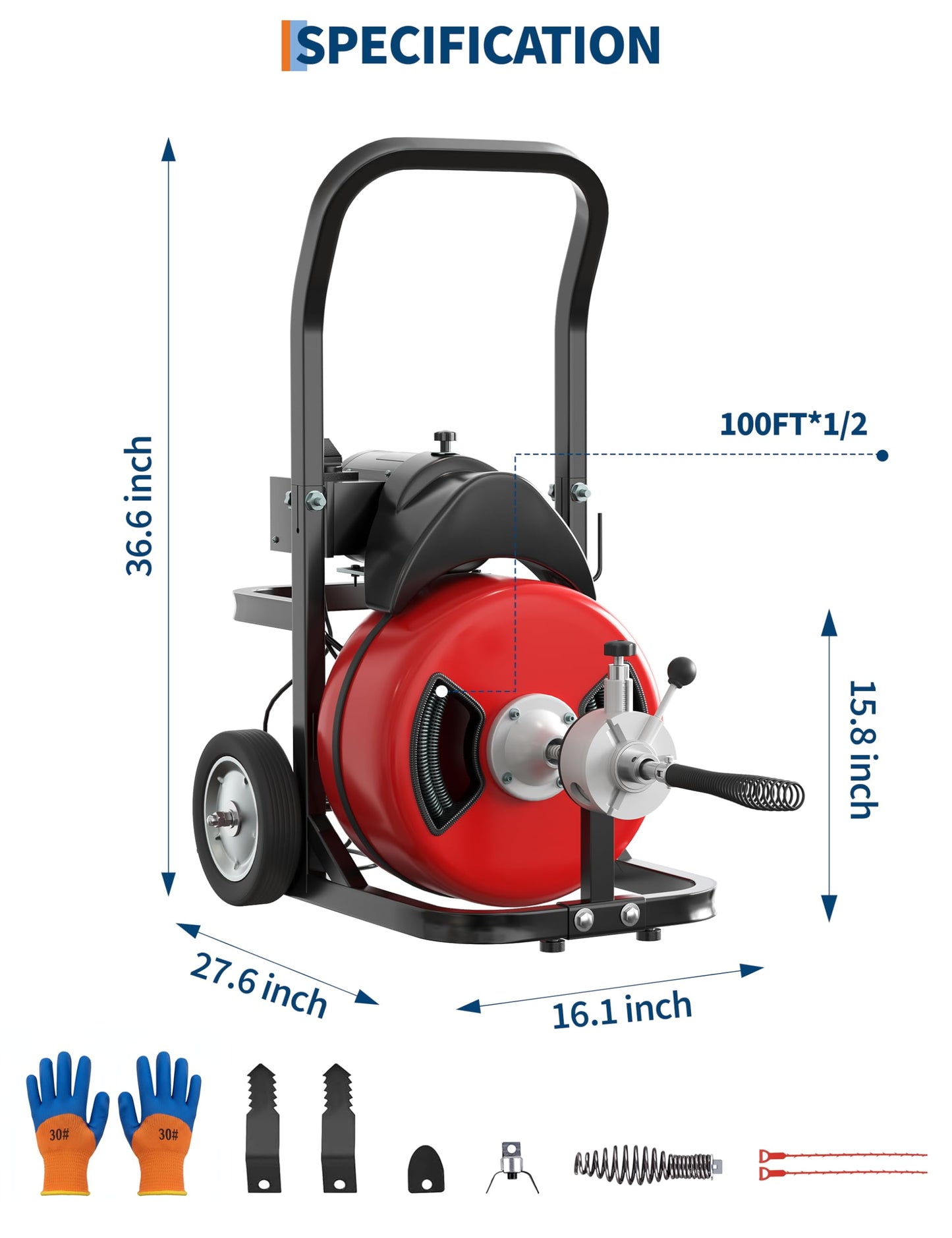 Drain Cleaner Machine 100FT x 1/2 Inch Steel Core Cable Portable 370W Electric Drain Cleaning Machine With Sewer Auger, Cutter, Air-activated Foot Switch, Wheels for Commercial, Home