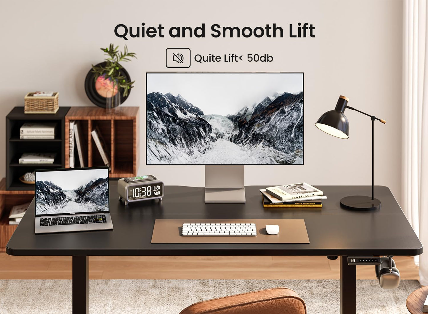 BANTI 55 × 28 Inches Standing Desk, Ergonomic, Electric Height Adjustable, Sit and Stand Up, Computer Desk with a Deeper Desktop, Black Frame/Black Top
