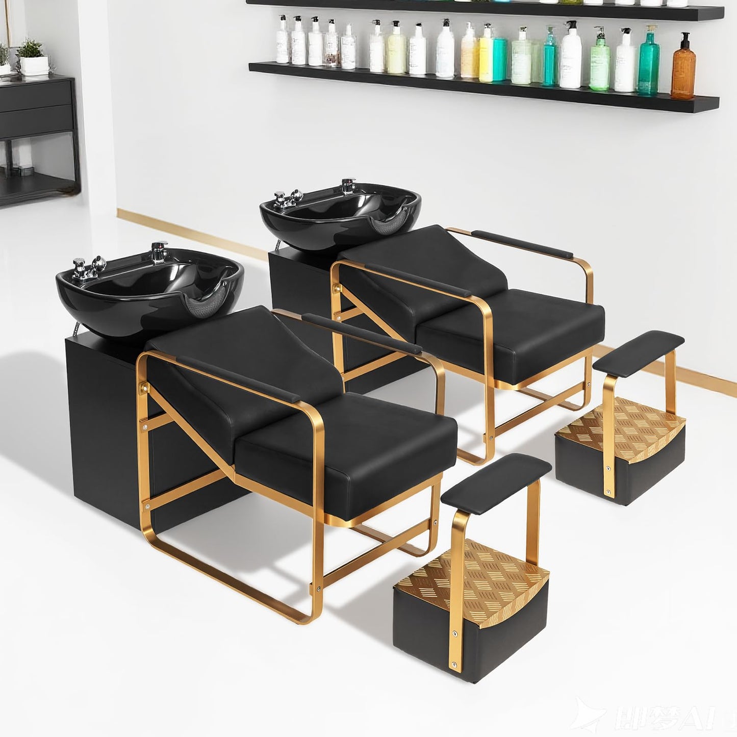 OmySalon Shampoo Chairs for Salon, Stainless Steel Frame & UPC Certified Shampoo Bowl & Footrest, Hair Washing Station, Backwash Unit for Beauty Spa Barbershop, Black and Gold
