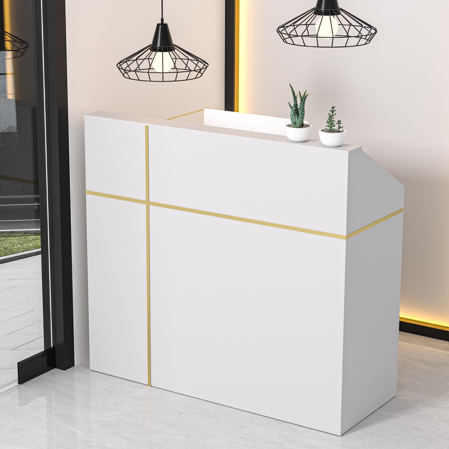 Spurgehom Reception Desk with Counter, Modern Front Table Equipped Lockers & Storage Shelves, 48-inch Checkout Counter with DIY Stripe for Lobbies, Salons, Retail, Home Offices, Reception Room