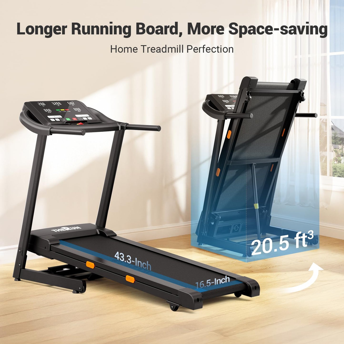 THERUN Running Treadmill, 0-12% Auto Incline Treadmill for Running and Walking, 300 lbs Weight Capacity Treadmills for Home, 3.0HP, 18" LED Screen Treadmill with Incline