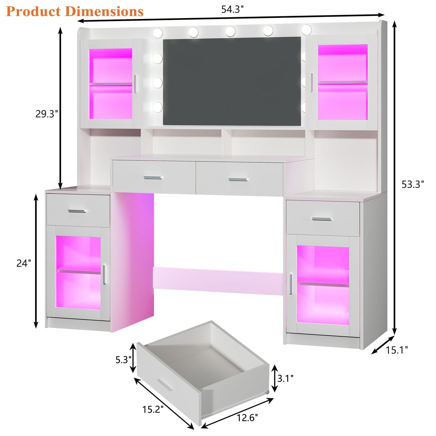 HUAHUU Large Vanity Desk with Mirror & Lights, 54.3'' Makeup Vanity with 4 RGB Cabinets and 4 Drawers, White Vanity Set with LED Lights and Power Outlet, 3 Lighting Modes, Adjustable Brightness