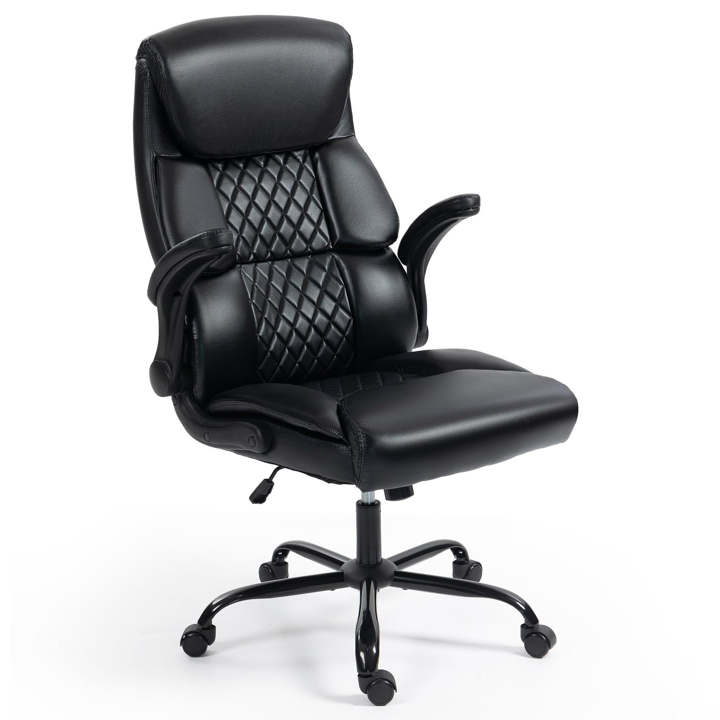 Office Chair - Ergonomic High Back Computer Desk Chair with Rocking Function & Lumbar Support - Executive Comfortable Wide Swivel Rolling Office Leather Chair with Flip-up Armrests for Home Gaming