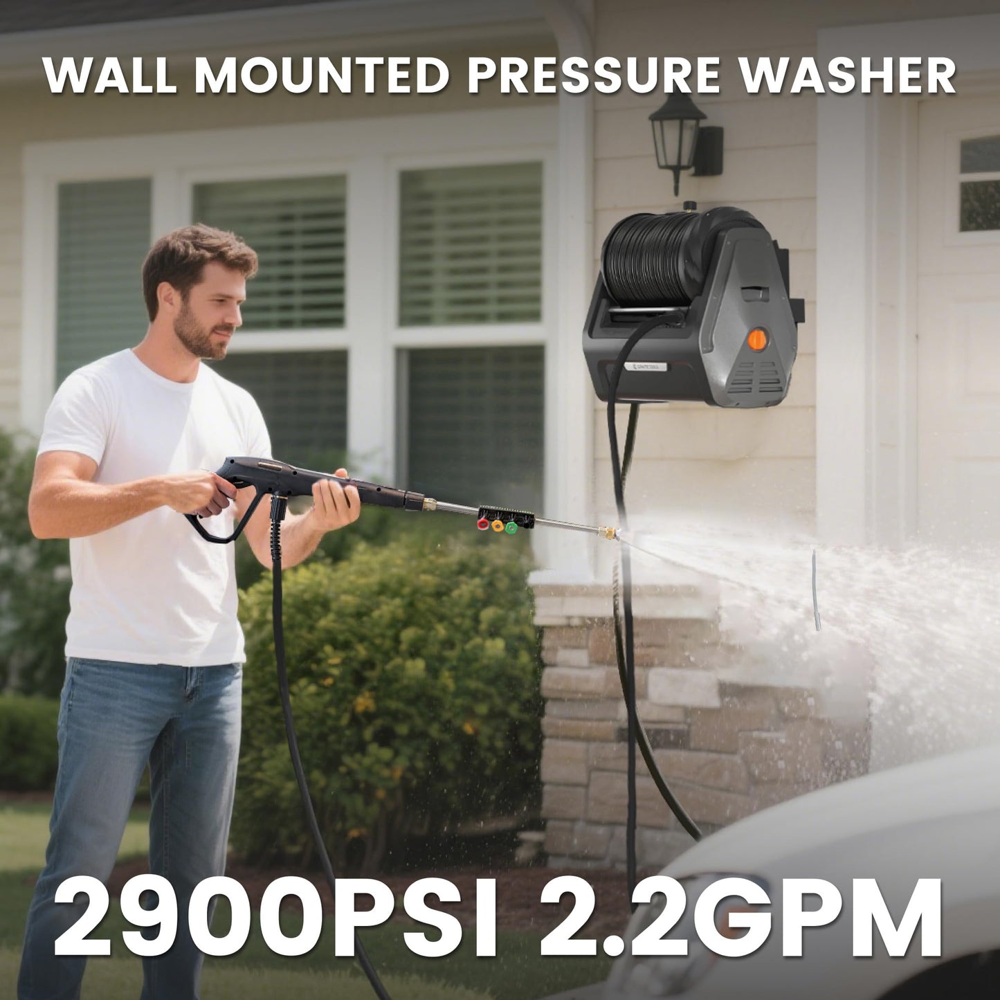 Giraffe Tools Grandfalls Pressure Washer, Electric Wall Mount Power Washer with Retractable Pressure Hoses, 2900PSI, 2.2GPM, 4 Nozzles, Foam Cannon for Cars/Patios, Dark Silver, 100 ft