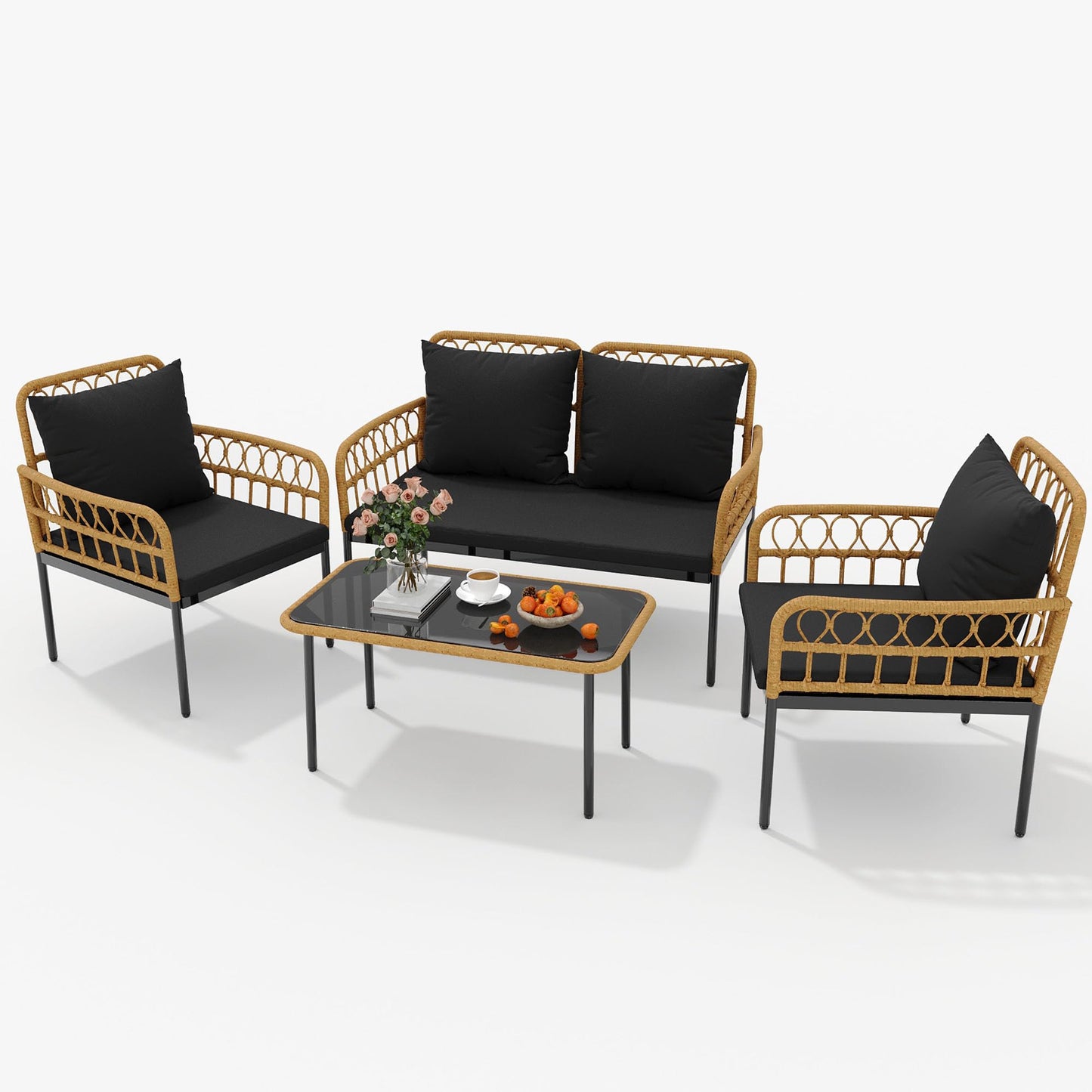 GarveeLife 4 Pieces Patio Furniture Sets Wicker Outdoor Patio Table and Chairs Set with Glass Side Table, Loveseat Chairs, Boho Rattan Conversation Sets for Apartment, Bistro, Backyard, Porch, Black