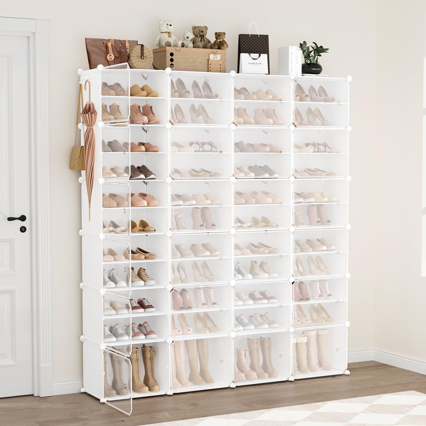 WEXCISE Portable Shoe Rack Organizer with Door, 96 Pairs Shoe Storage Cabinet Easy Assembly, Plastic Adjustable Shoe Storage Organizer Stackable Detachable Free Standing DIY Expandable 12 Tier White