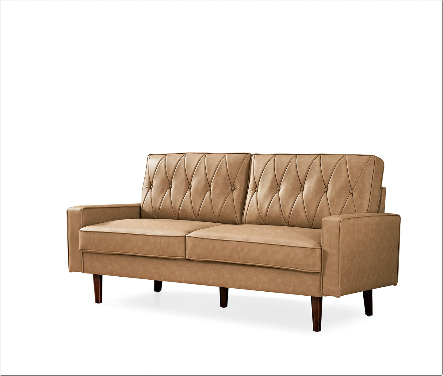 Container Furniture Modern Style Faux Leather Sofa with Elegant Round Tapered Legs and Button Tufted Backrest Perfect for Living Room, Bedroom or Home Office, 69.3’’ Wide, Camel