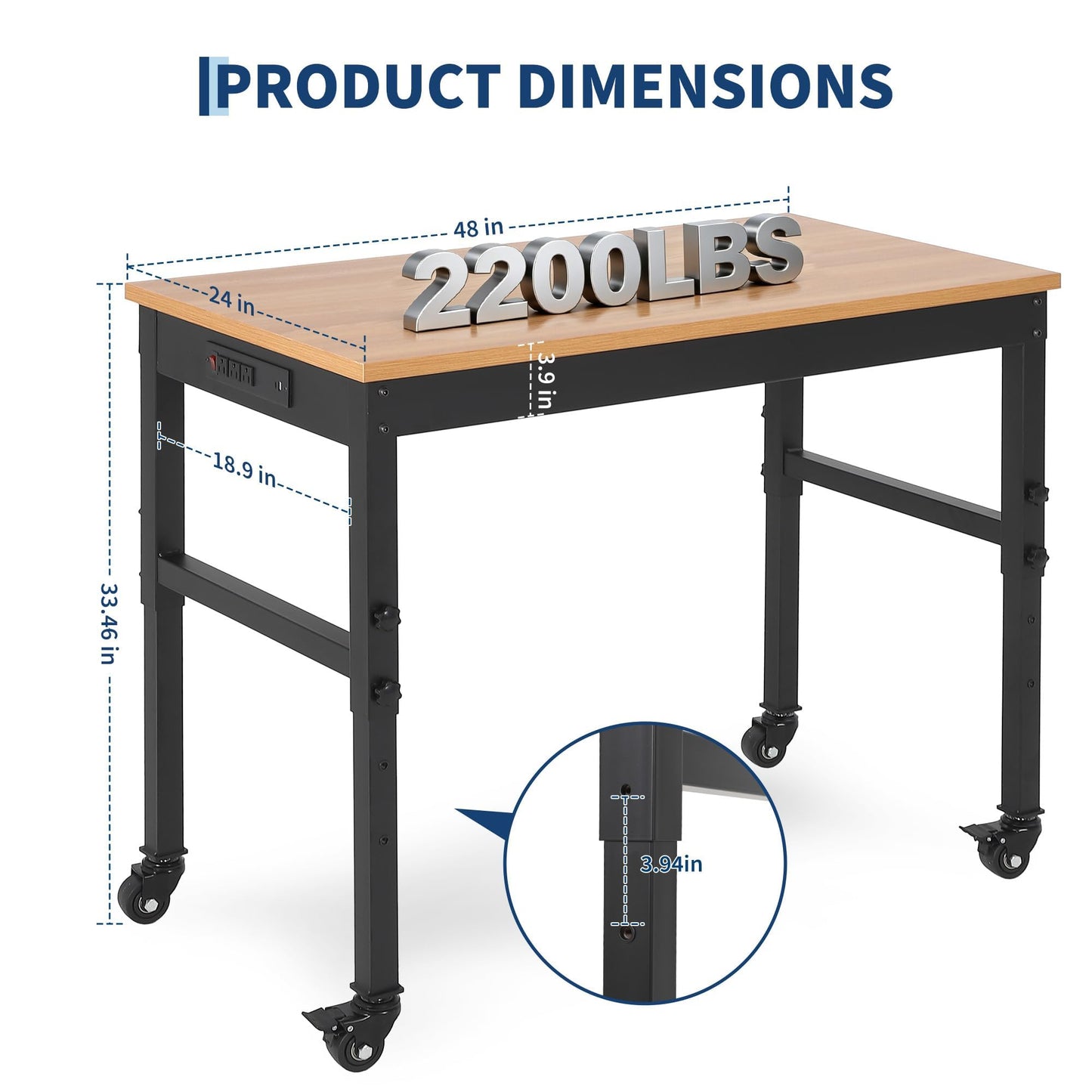 48" Workbench for Garage,2200 lbs Capacity, Adjustable 29.5"-37",4 Wheels