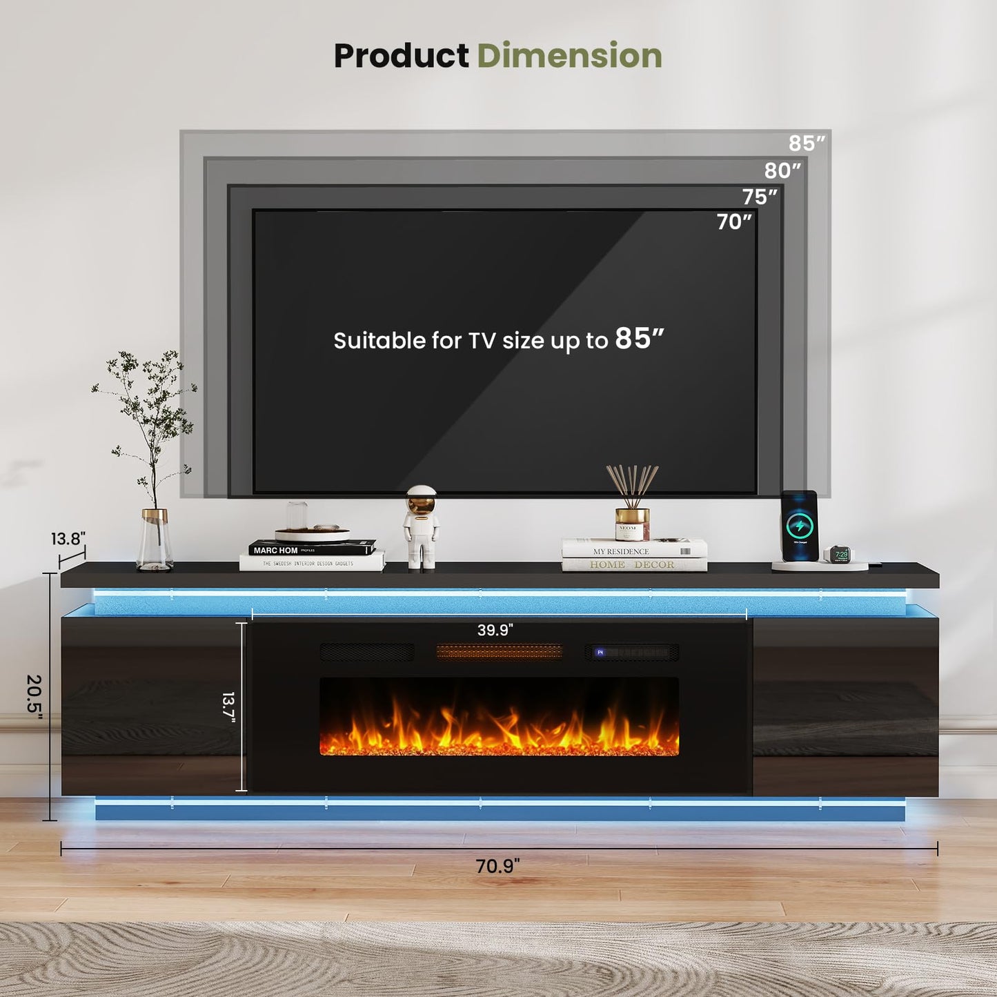Lamtor Fireplace TV-Stand with 40" Fireplace - 2 LED Light TV-Stand for 85 inch TVs - Entertainment Center with 4 AC Power Outlets - 2 Tier TV Consoles Stand for Living Room, Black