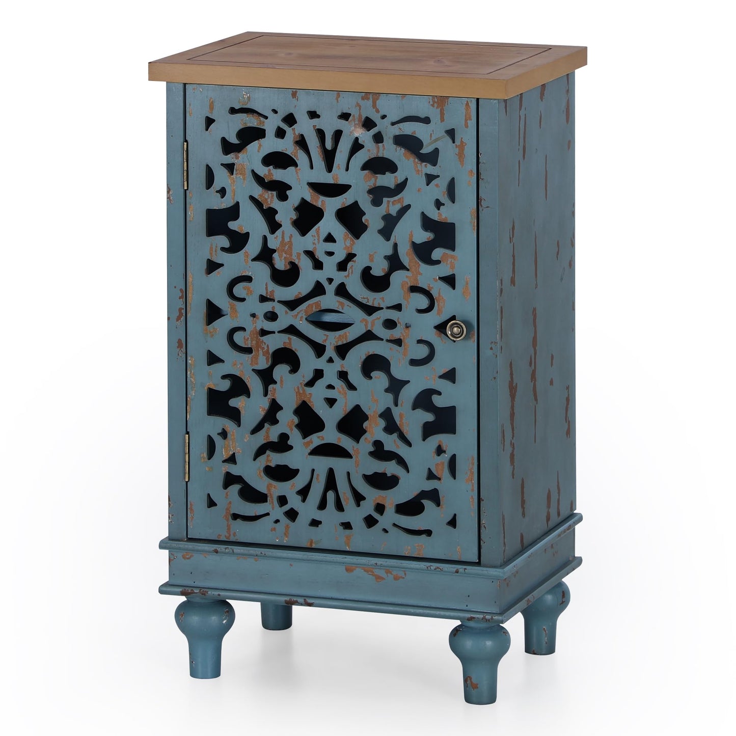 GREEN PARTY Accent Storage Cabinet End Table Nightstand Sofa Table with Single Door Teal Floral Pattern for Living Room, Bedroom, Coffee Table, Teal Floral