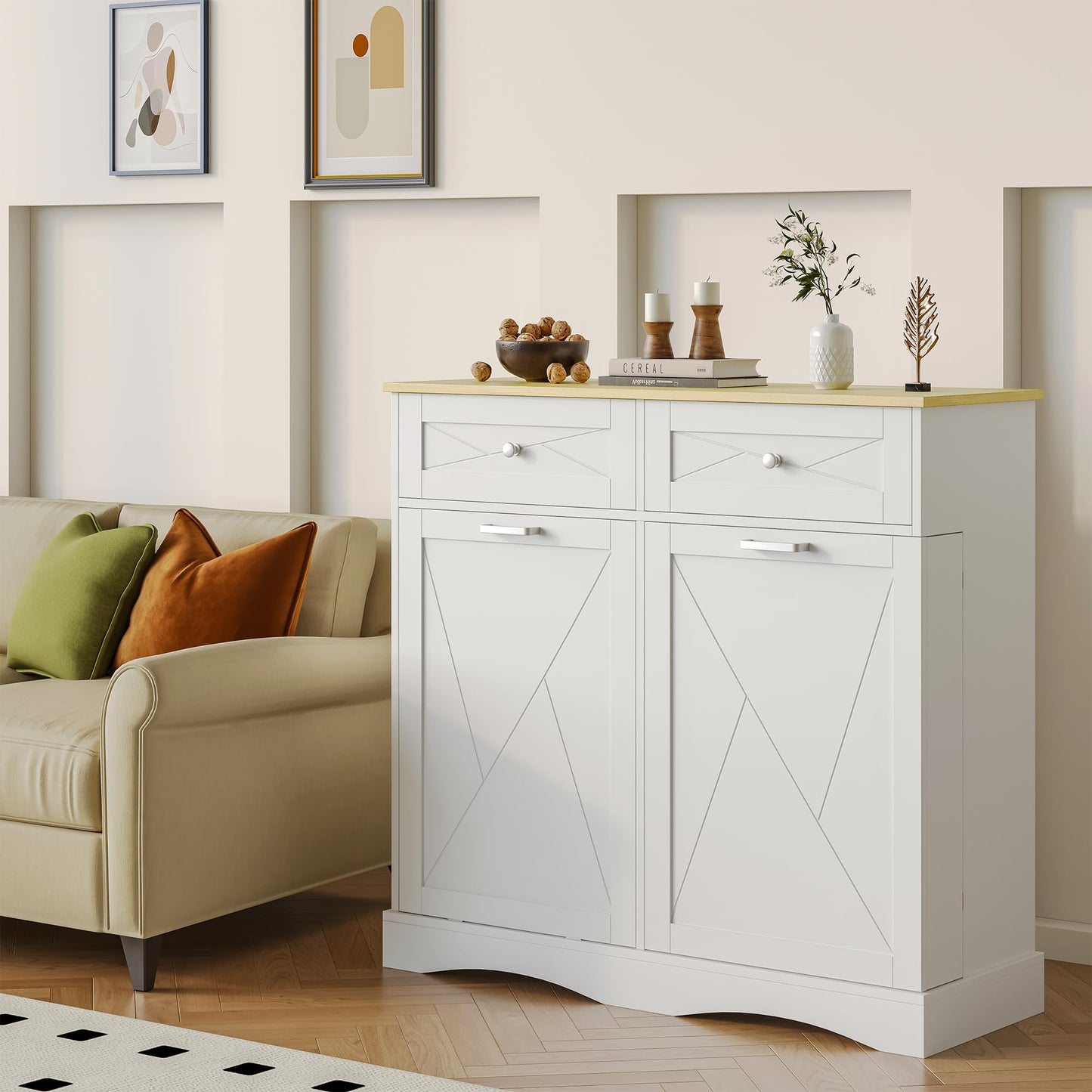 kepptory Tilt Out Trash Can Cabinet 12 Gallon, Pull Out Trash Can Storage Cabinet with 2 Drawers & Countertop, White Kitchen Cabinet with Adjustable Shelf, for Kitchen Pantry, Modern Farmhouse