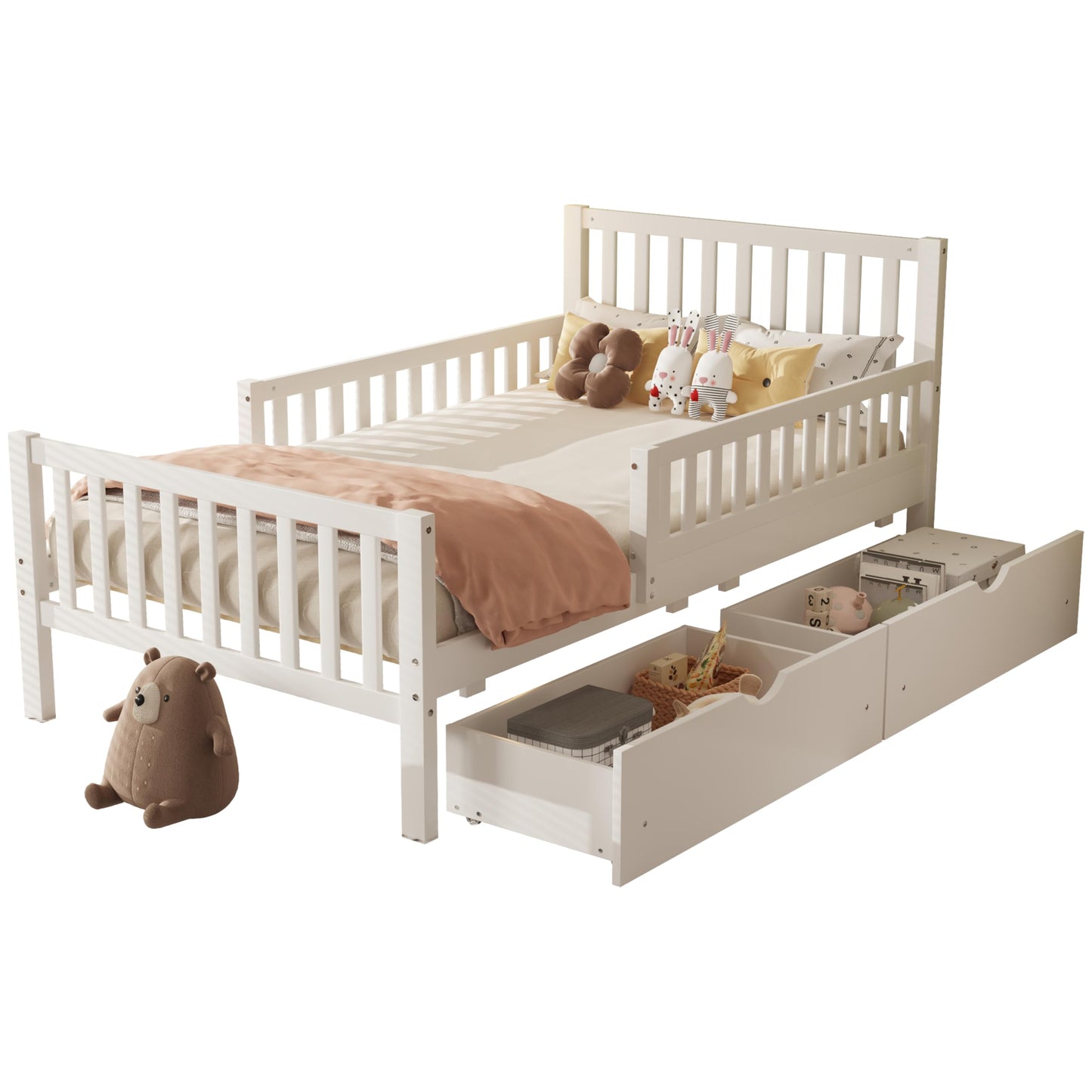 Bellemave Twin Size Kids Platform Bed with Fences and 2 Drawers, Wooden Twin Bed Frame with Guardrails on Both Sides for Boys Girls, White