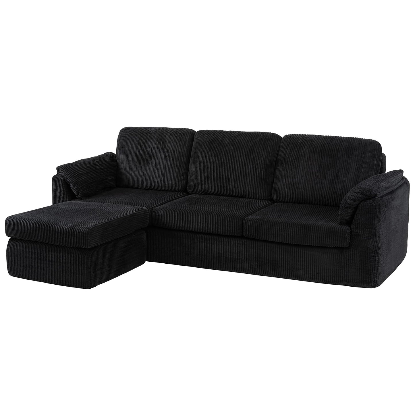 Vongrasig Boneless Convertible Sectional Sofa Couch, 3 Seat L Shaped Sofa with Removable Pillows Plush Corduroy Fabric Small Couches for Living Room, Apartment and Office, Black