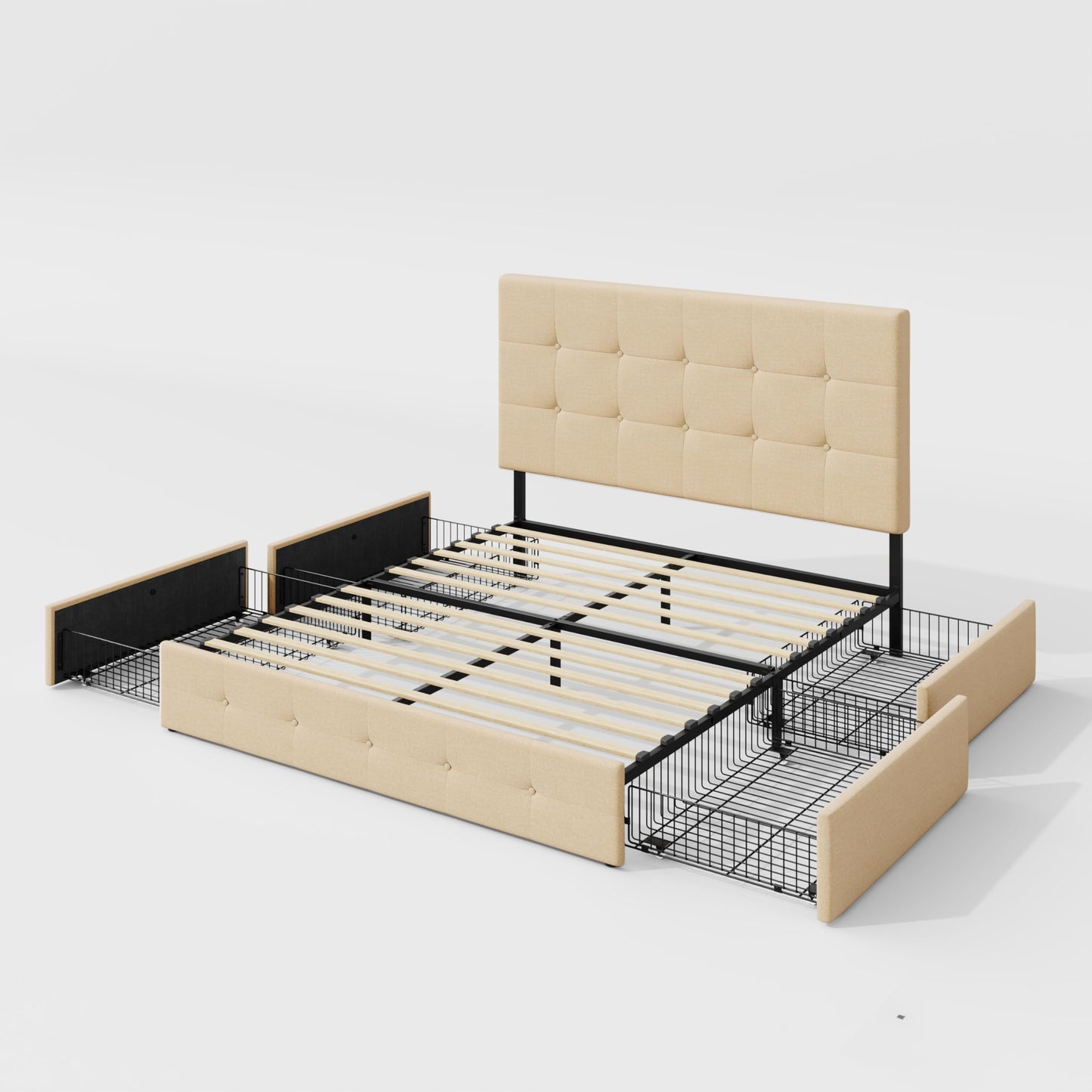 Allewie Upholstered Queen Size Platform Bed Frame with 4 Storage Drawers and Headboard, Square Stitched Button Tufted, Mattress Foundation with Wooden Slats Support, No Box Spring Needed, Beige