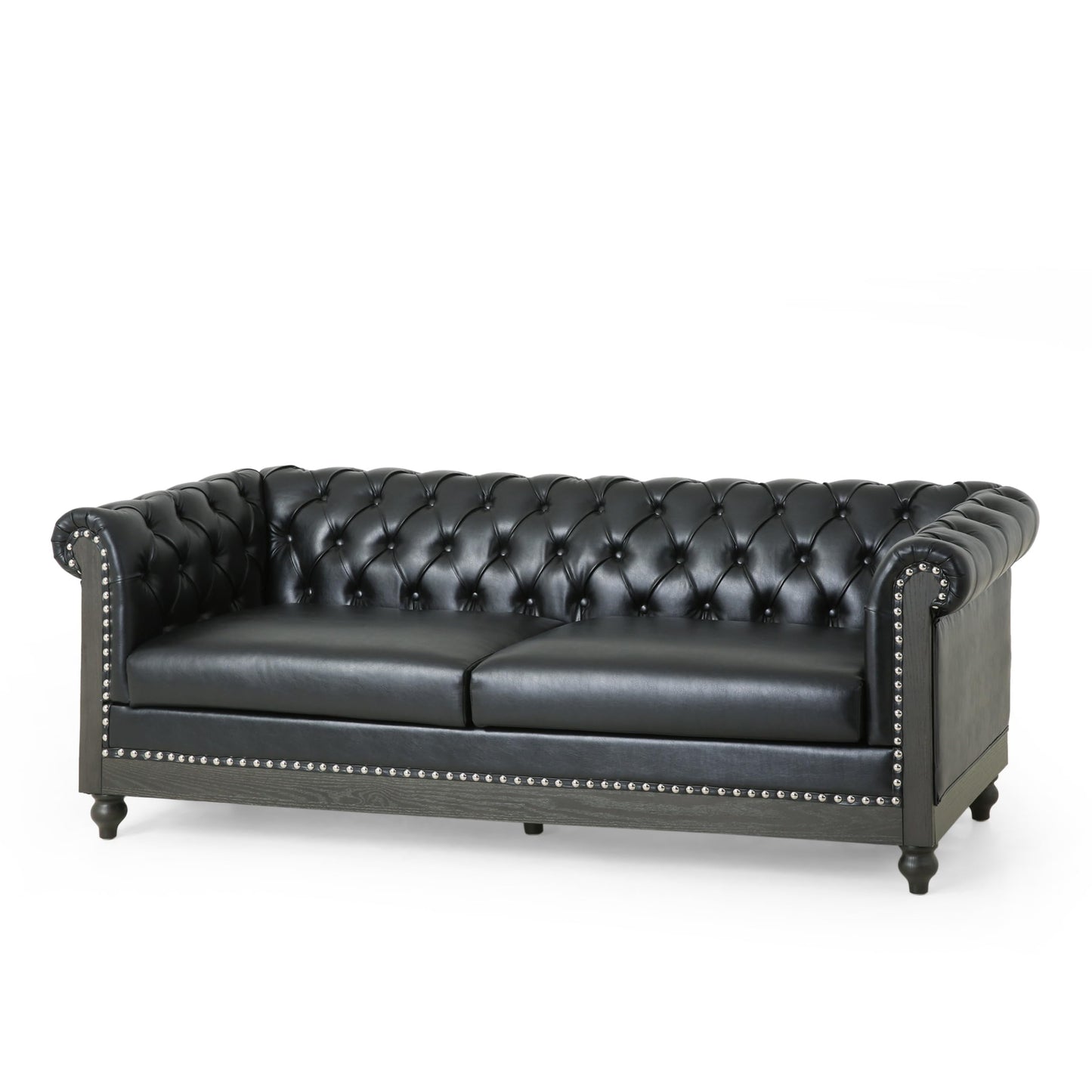 Merax PU Chesterfield Sofa, Retro Upholstered 3 Seater Leather Couch Rolled Arm for Living Room Bedroom Office, Black