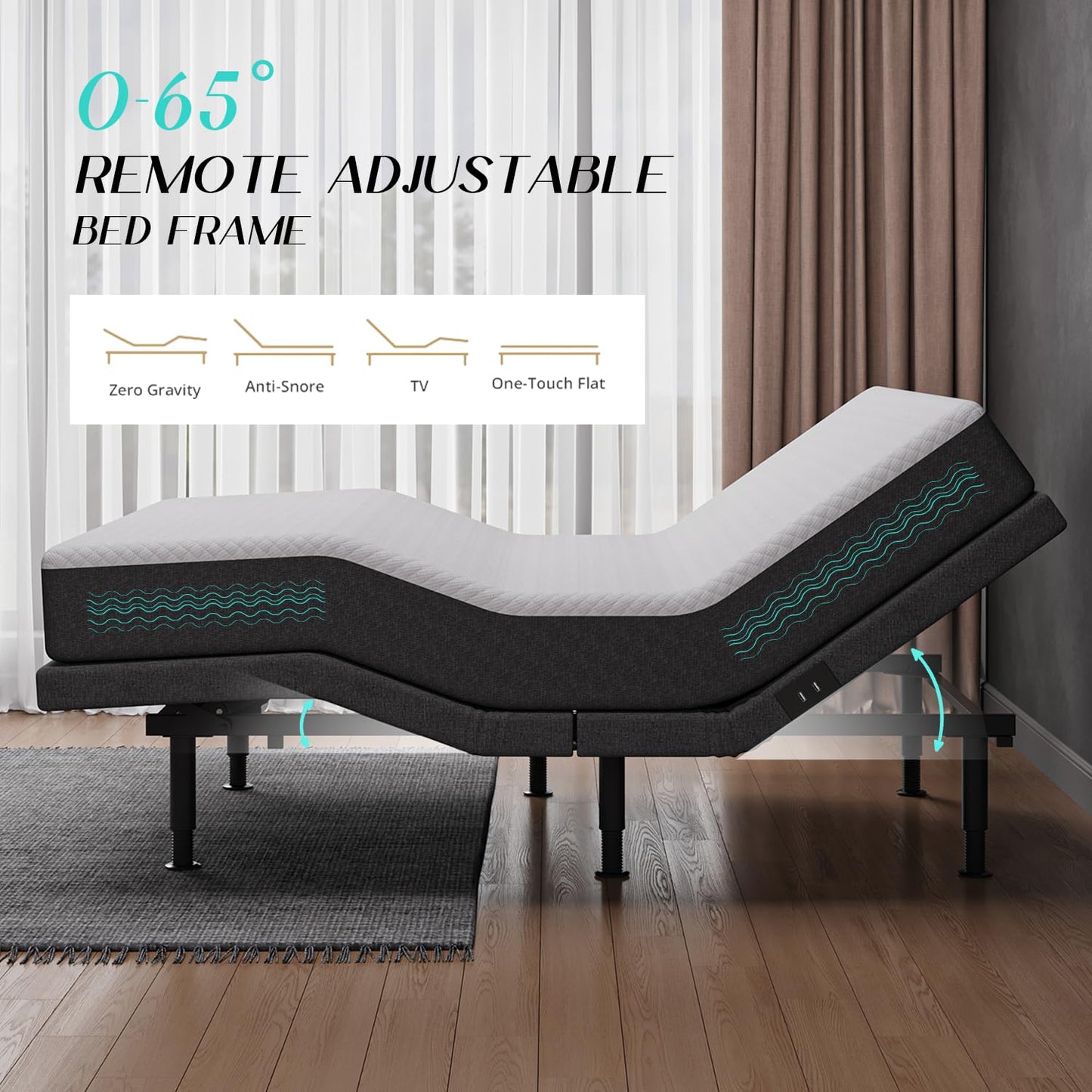 kaipuyiree Adjustable Bed Frame Queen with Massage -Wireless Remote Electric Power Bed Foundation Under-Bed Lighting | Zero Gravity | USB PortsX2 | Height Adjustable Legs