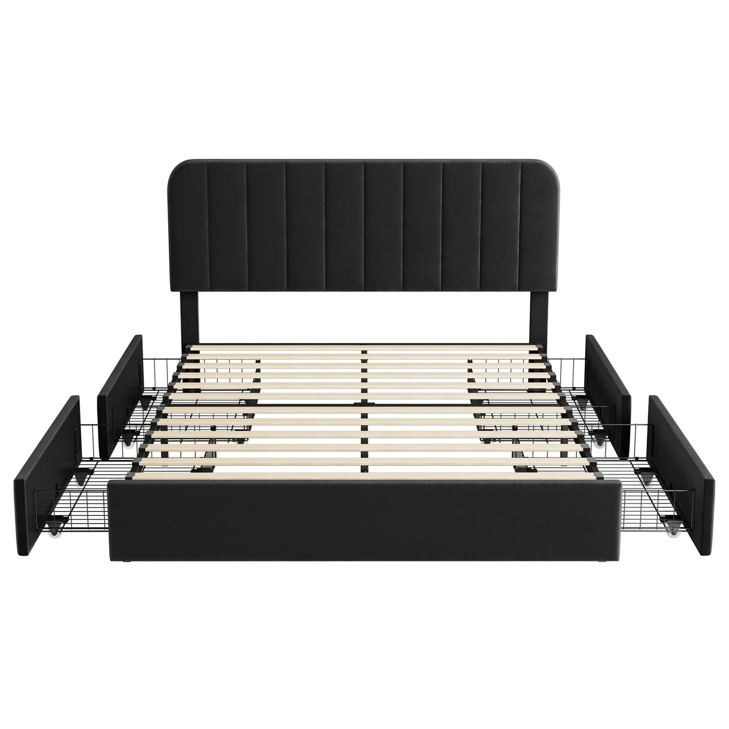 Garvee Queen Size Bed Frame with 4 Drawers, Upholstered Velvet Platform Bed with Height Adjustable Headboard, Wooden Slats Support, No Box Spring Needed, Easy Assembly, Black