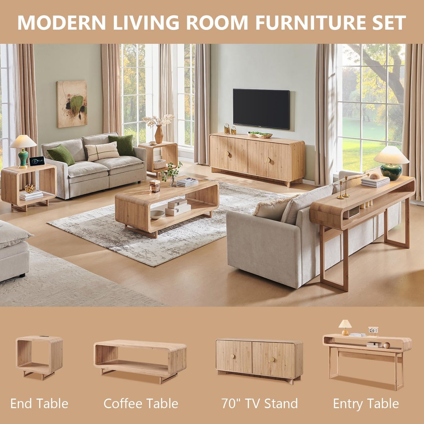 IFGET 70" Modern TV Stand for TVs Up to 80 inches, 30" Tall Entertainment Center with Storage and Adjustable Shelves, TV Console with Curved Profile Design, Media Console for Living Room, Natural Oak