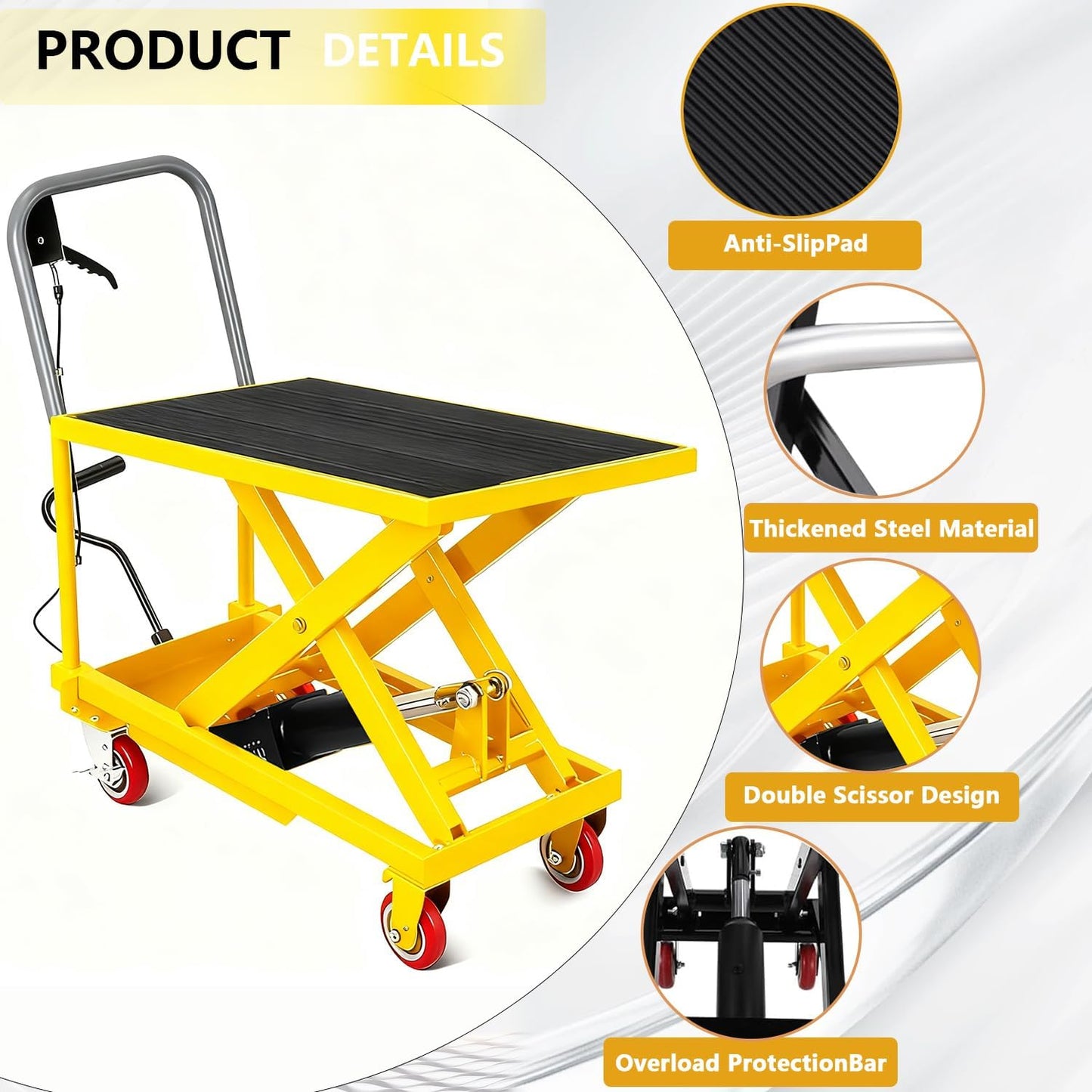 500 Lbs Heavy Duty Single Scissor Hydraulic Lift Table Cart – 28.5" Max Lifting Height, 4 Swivel Casters, Non-Slip Platform Pad, Mobile Material Handling & Transport for Warehouse, Workshop & Garage