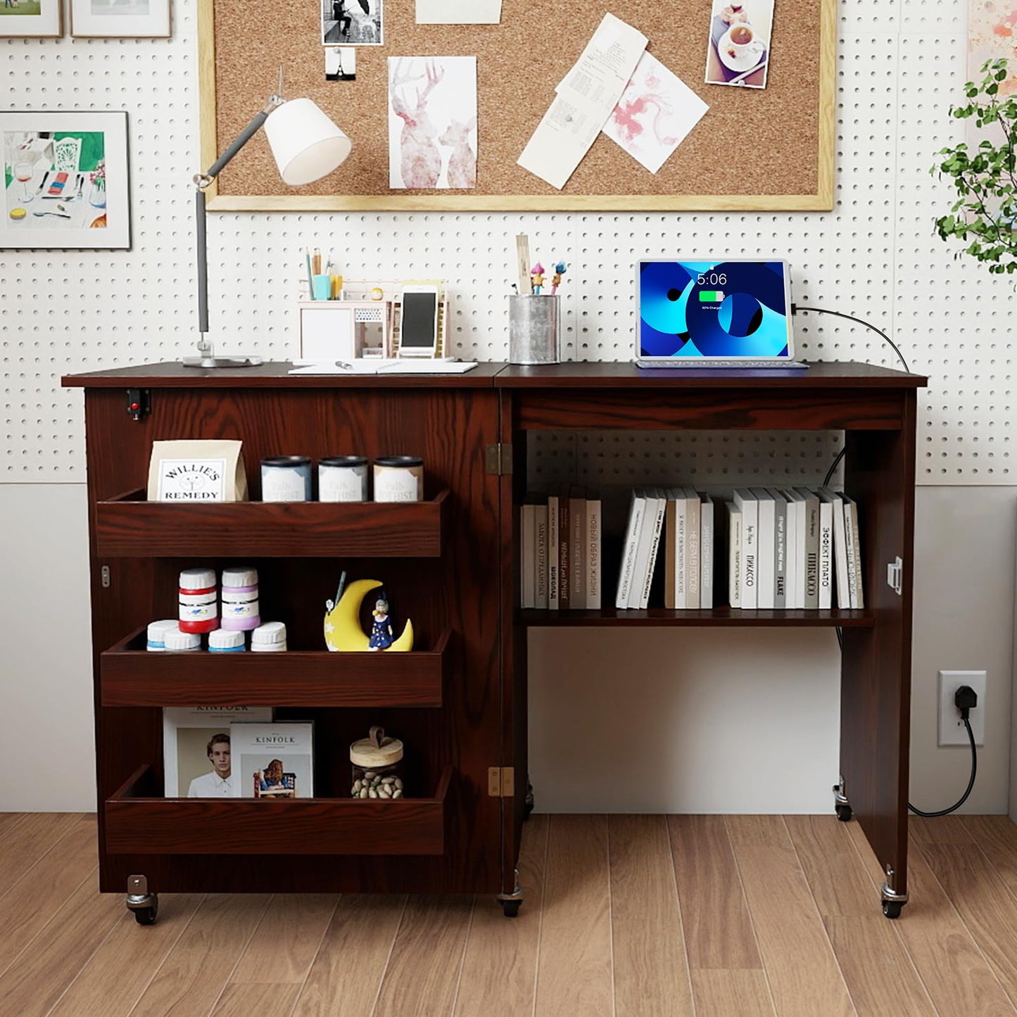 COSTWAY Folding Sewing Table with Portable Sewing Machine, 3 in 1 Drop Leaf Craft Table, Rolling Sewing Machine Desk with Charging Station, 3 Trays, Lower Shelf, 5 Universal Casters (Brown)