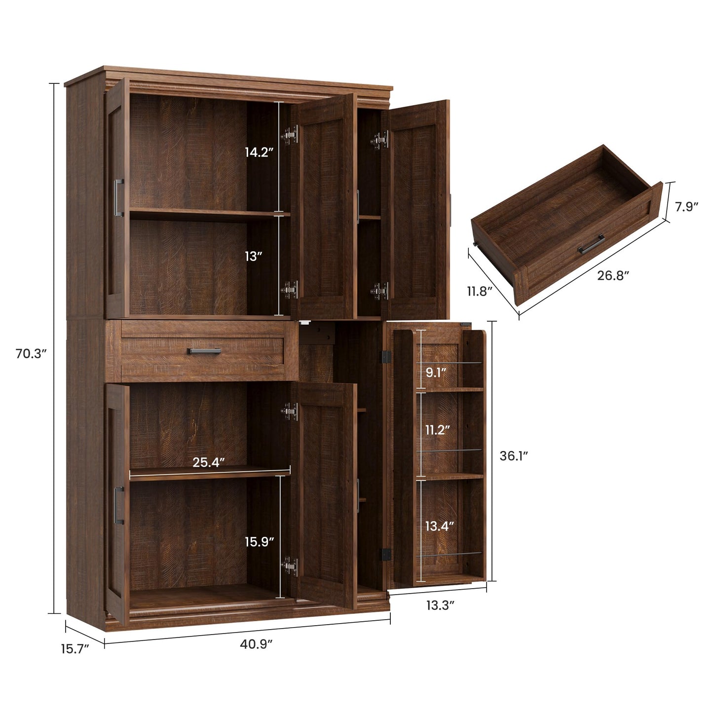 Garvee 70" Tall Kitchen Pantry Storage Cabinet, Modern Kitchen Hutch Cabinet with Doors and Shelves, Freestanding Food Pantry with Large Storage Drawer for Dining Room and Household Organization