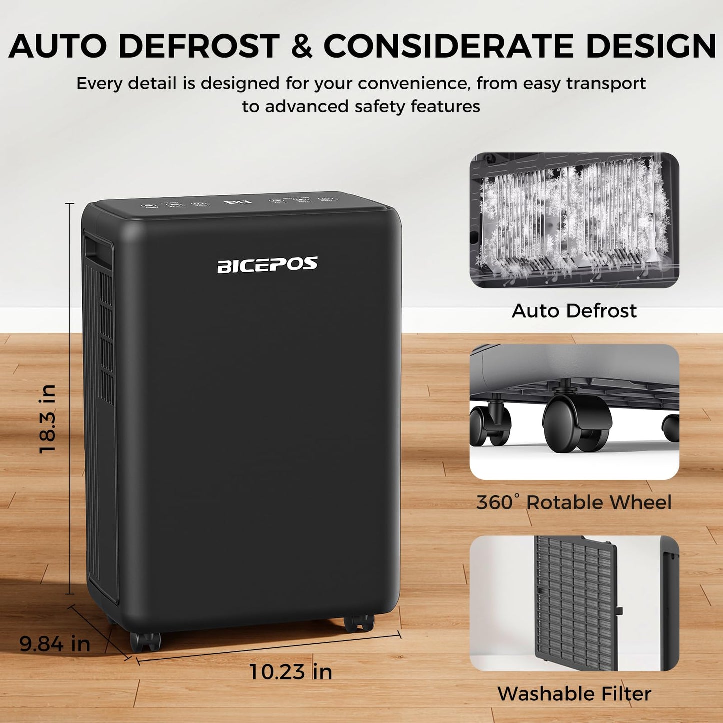 Bicepos 2000 Sq.Ft Dehumidifier for Basement, 30 Pints Dehumidifiers for Home with Drain Hose, 0.52 Gal Water Tank, Intelligent Humidity Control Auto Shut Off for Bathroom, Laundry, RV, Office