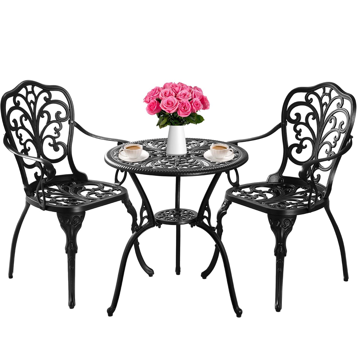 Withniture Bistro Set 3 Piece Outdoor, Bistro Table and Chairs Set of 2, All Weather Patio Bistro Set with Umbrella Hole, Patio Set for Garden, Black