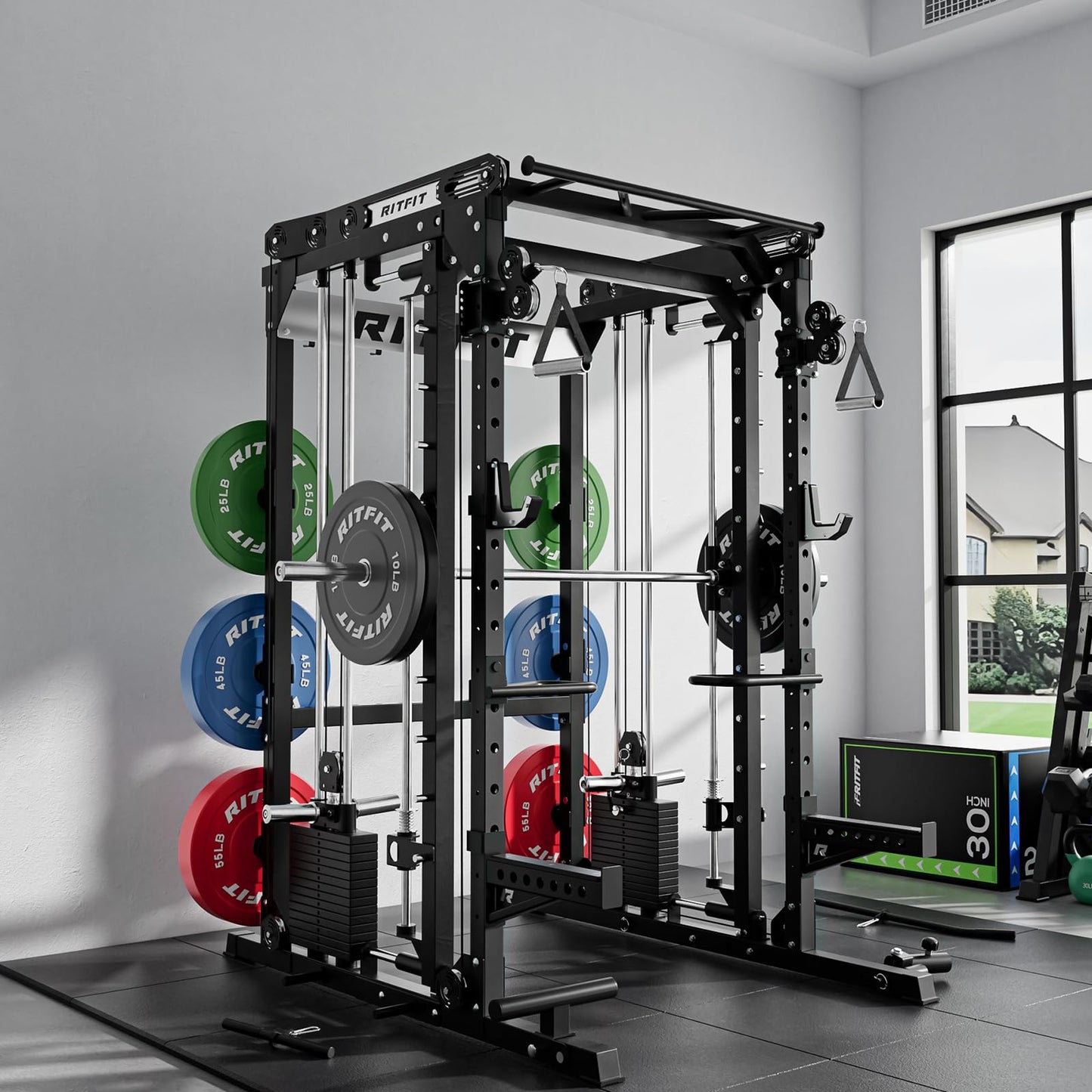 RitFit M2 Smith Machine with Cable Crossover System, 3D Functional Trainer & Power Cage, 16 Adjustment Holes, 6 Storage Pegs for Full-Body Home Gym(M2 PRO-3D Black)