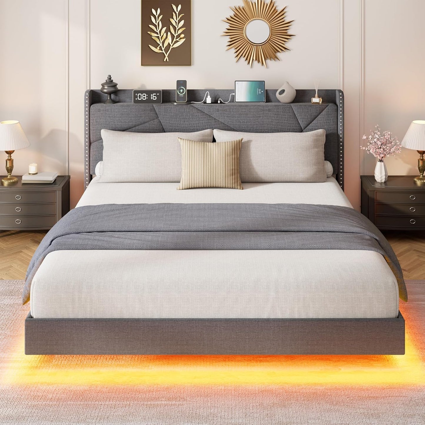 IDEALHOUSE Queen Size Floating Bed Frame with LED Lights & Charging Station – Upholstered Platform Bed with Storage Headboard, No Box Spring Needed, Easy Assembly, Grey