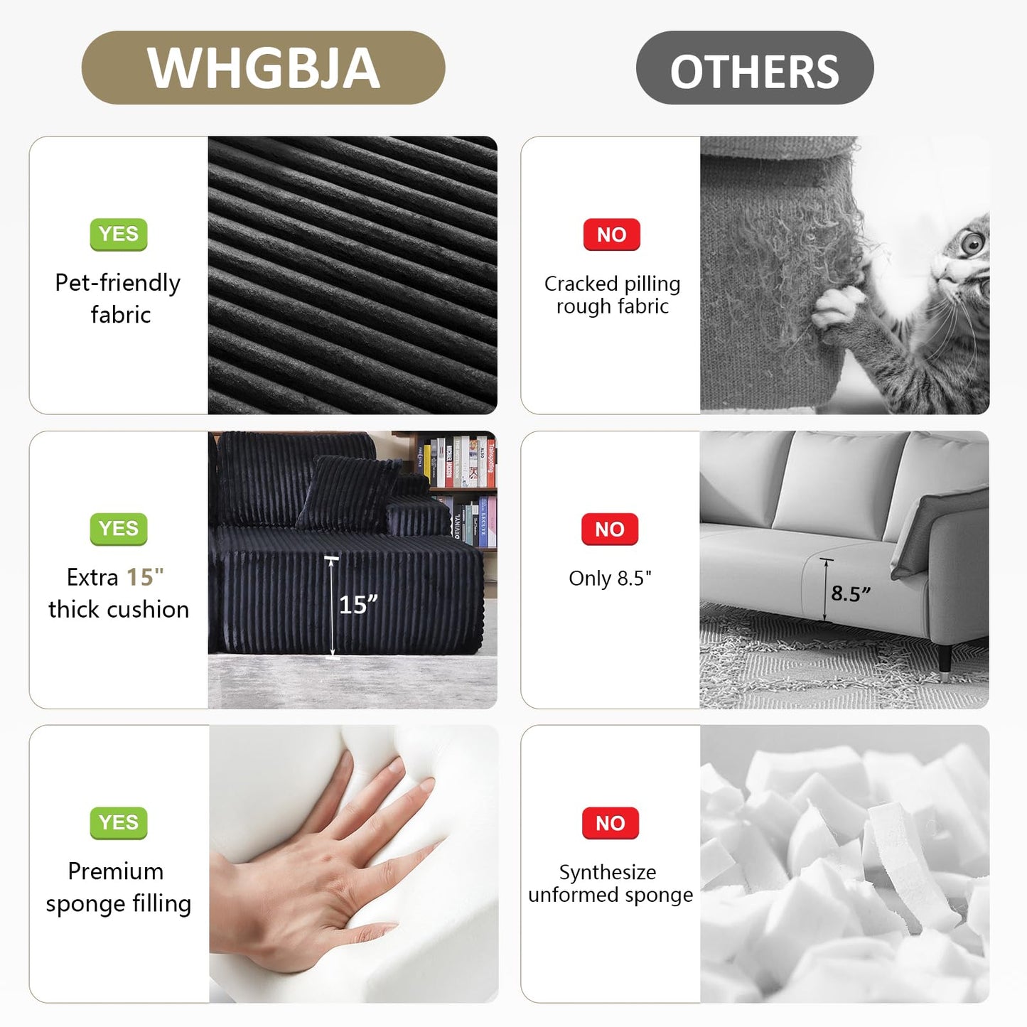 WHGBJA Oversized 79” Double Chaise Lounge Sofa Bed, Deep Seat Corduroy Cloud Loveseat Chair, No Assembly, Plush Upholstered Sleeper for Living Room or Bedroom (Dark Black)