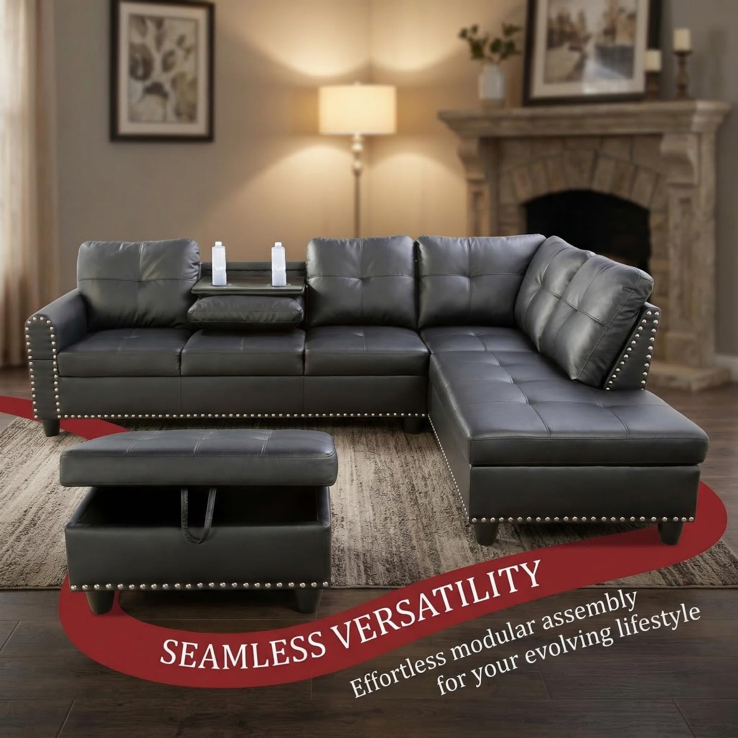 Trygoal 97.5" L-Shape Sofa with Storage Ottoman & Reversible Coffee Table, Leather Sectional Couch with Right Chaise, Modern 3-Piece Sofa Set, Upholstered Couch Set with Solid Wood Frame, Dark Grey