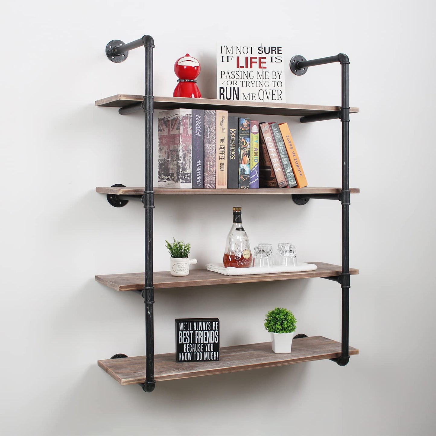 MBQQ Industrial Pipe Shelving Wall Mounted,48in Rustic Metal Floating Shelves,Steampunk Real Wood Book Shelves,Wall Shelf Unit Bookshelf Hanging Wall Shelves,Farmhouse Kitchen Bar Shelving(4 Tier)