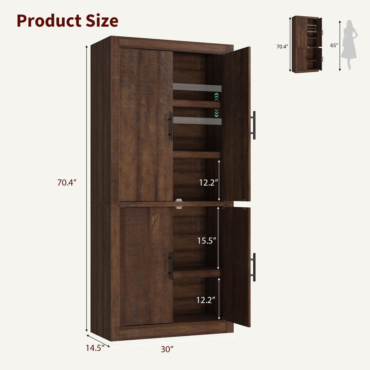 Garvee Tall Farmhouse Pantry Cabinet with Adjustable Shelves, 70.4" Kitchen Storage Cupboard with 4 Doors, Freestanding Microwave Stand and Food Organizer, Dining Area, Rustic Brown