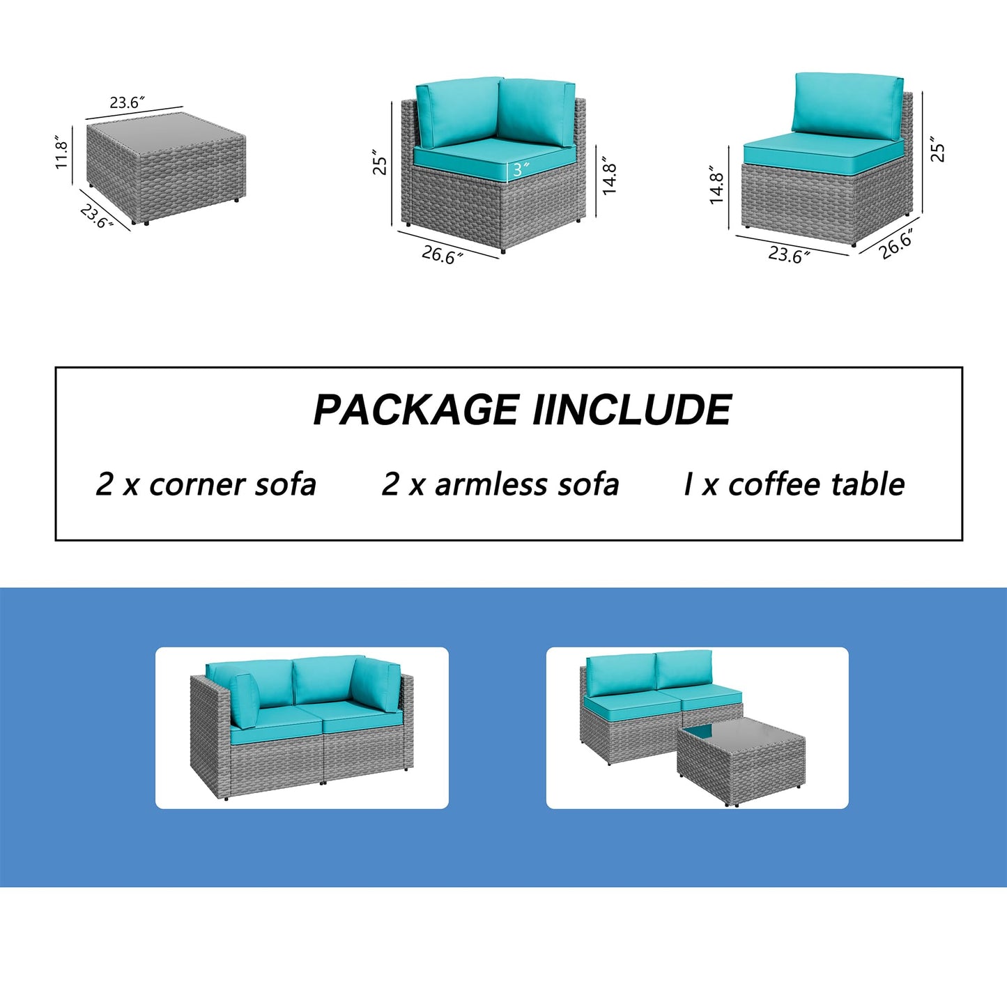 Shintenchi 5 Pieces Outdoor Patio Furniture Sets, Patio Sectional Sofa Couch, Gray PE Wicker Furniture Modular Patio Conversation Sets Patio Sofa with Washable Cushions & Table(Blue)