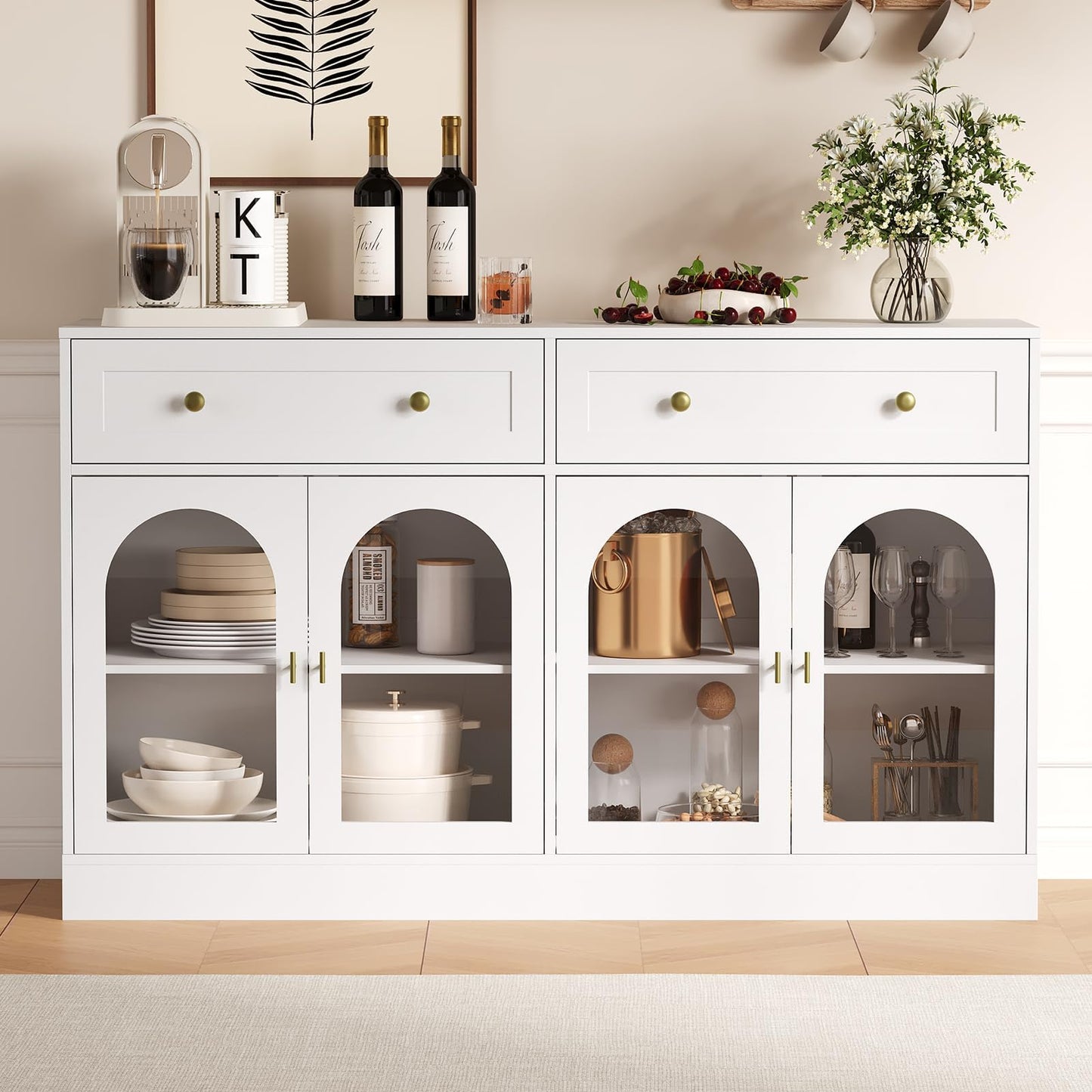 GarveeHome 55 in White Fluted Buffet Cabinet, Modern Sideboard with Drawers & 4 Transparent Acrylic Doors, Wood Kitchen Storage Cabinet for Dining Room, Living Room Accent Furniture