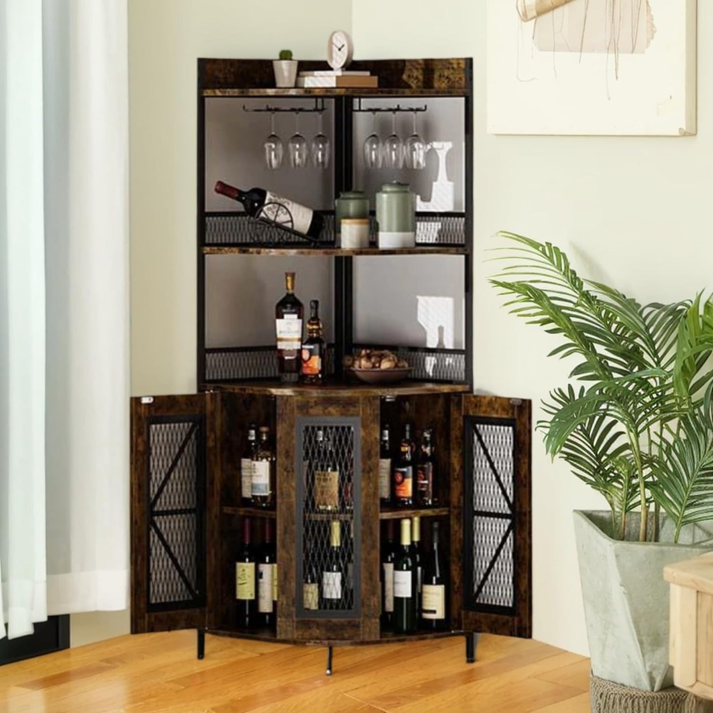 GarveeHome Industrial Corner Bar Cabinet with Power Outlet, 5-Tiers Wine Cabinet with LED Strip and Glass Holder, Multifunctional Liquor Cabinet for Home Bar, Corner Display Storage Cabinet for Home