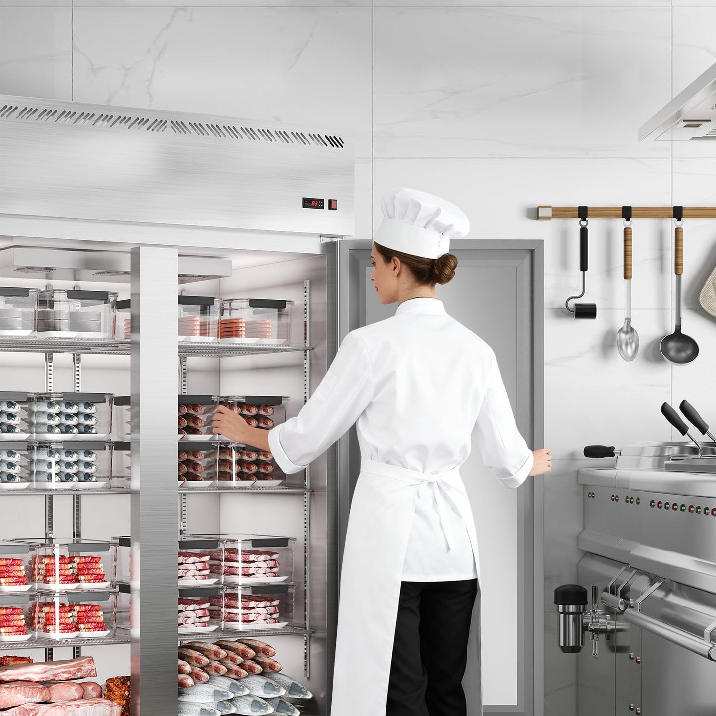 48 Inch Wide Commercial Freezer Upright, 36 Cu.Ft Frost Free Upright Freezers Stand Up, 2 Door 2 Section Walk-In Freezer with 6 Adjustable Shelves, for Supermarket, Restaurant, Kitchen, Shop, Garage