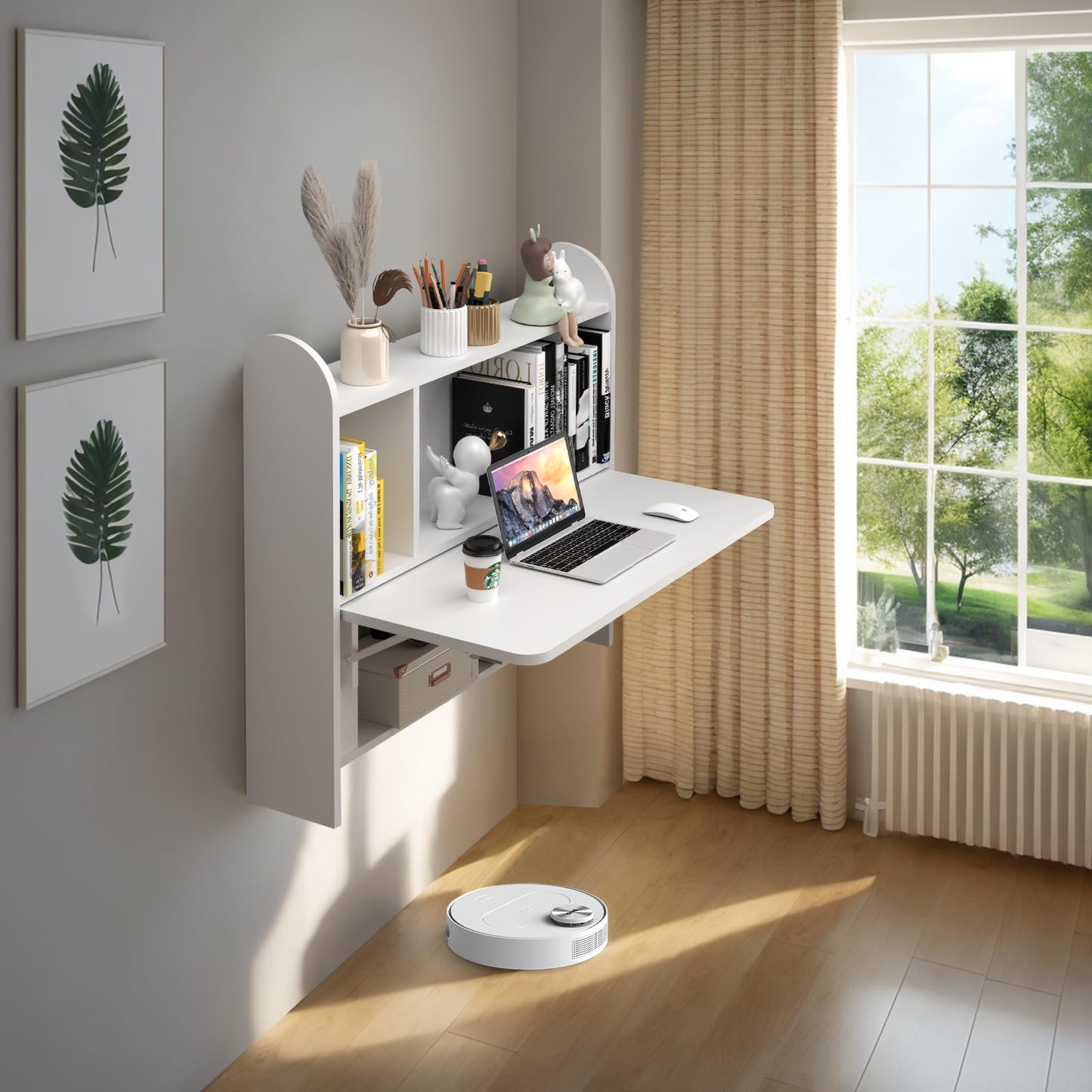 TuckTect Wall Mounted Drop-Leaf Table, Floating Laptop Desk, Folding Table with Shelves, Multifunctional Computer Workstation with Storage Compartments in Home Office for Space Saving (White)