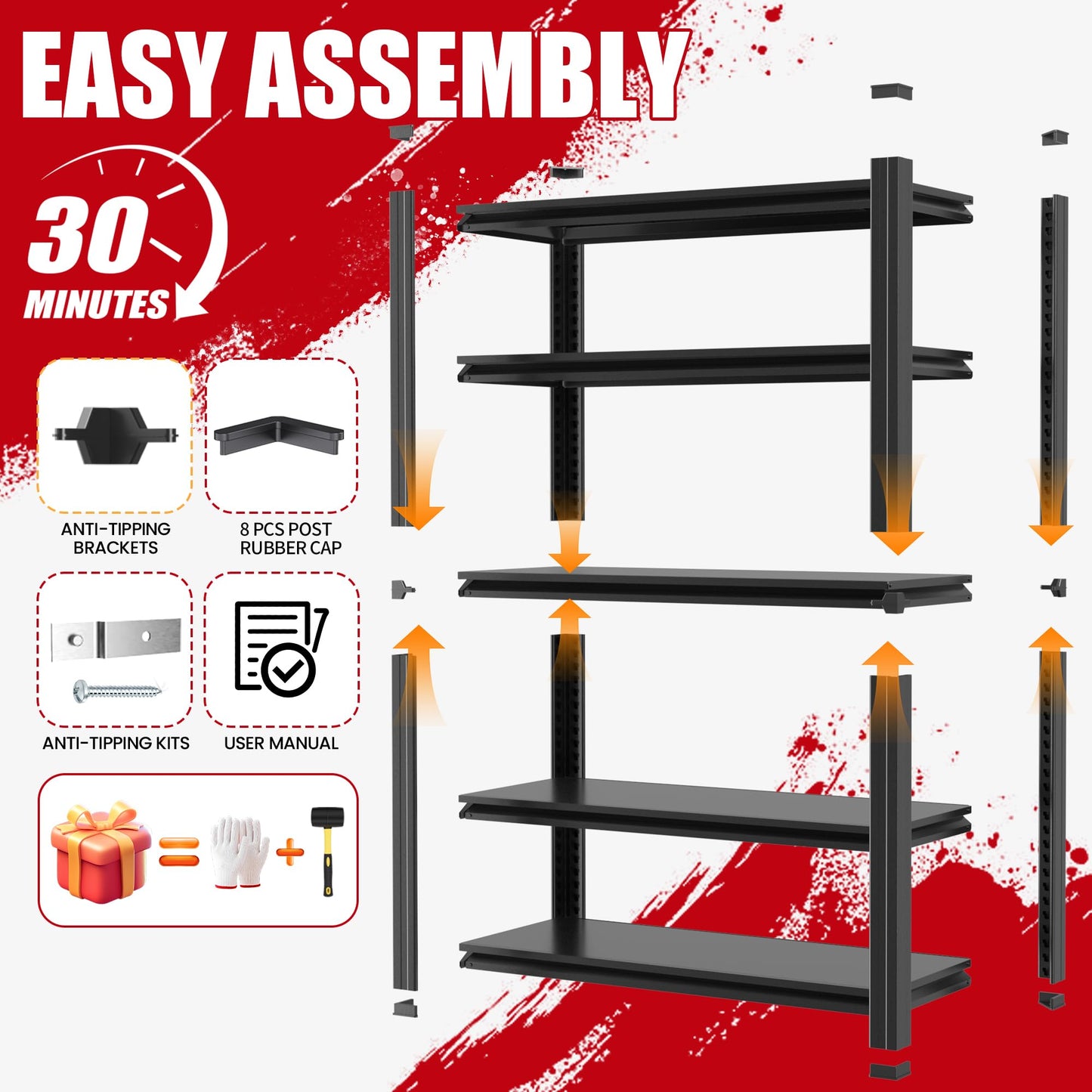 FOSTOKO Storage Shelves, 5-Tier Garage Shelving, Adjustable Heavy Duty Shelving Units, Metal Industrial Utility Organizer Storage Racks for Basement, Kitchen, Warehouse, Pantry, 24" D×48" W×72" H
