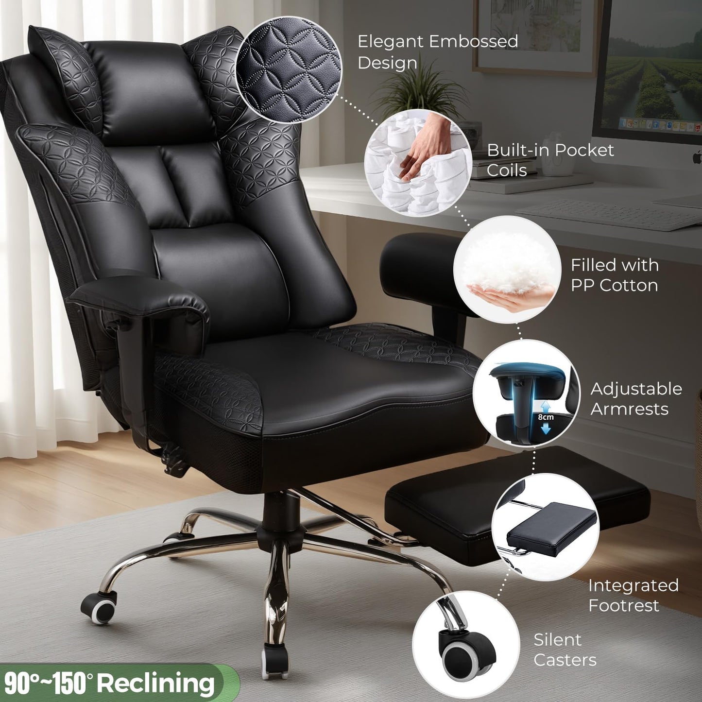 GTPLAYER Big and Tall Office Chair Wide Ergonomic Gaming Chair with Deluxe Embossing Designed Leather with Foot Rest,150°Reclining Adjustable Soft Armrests Pocket Spring Back Support and Pillow