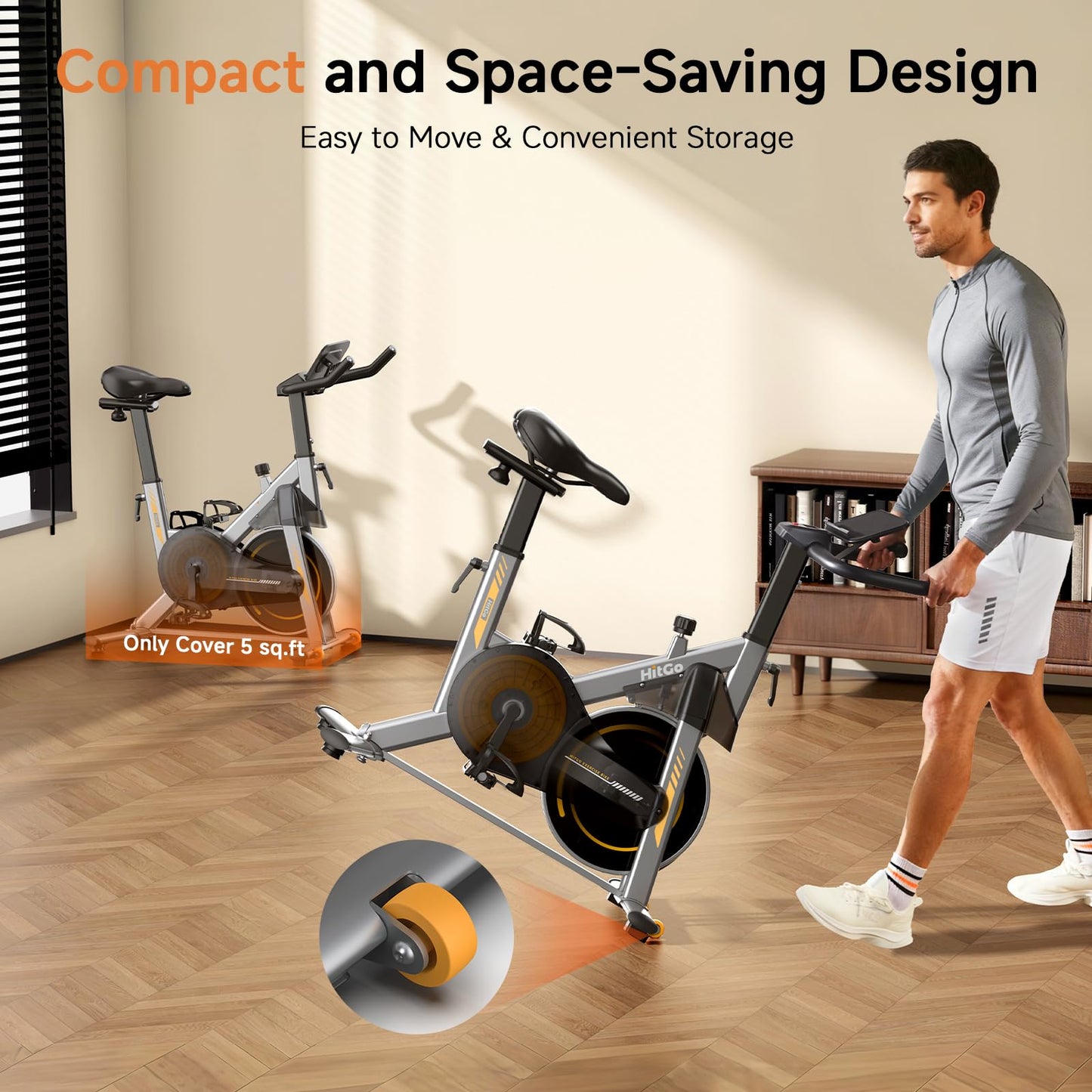 Hitgo Magnetic Exercise Bike for Home - Ultra Quiet Indoor Cycling Bike with Bluetooth App, 3kg Cast Iron Flywheel, Compact Stationary Bike for Apartment, 265lbs Weight Capacity, Silver