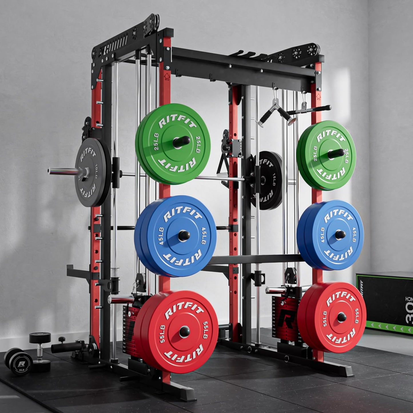 RitFit M1 Pro Smith Machine Package, All-in-One Power Cage with Weight Stack Set, Includes LAT Pulldown & Cable Crossover System for Home Gym