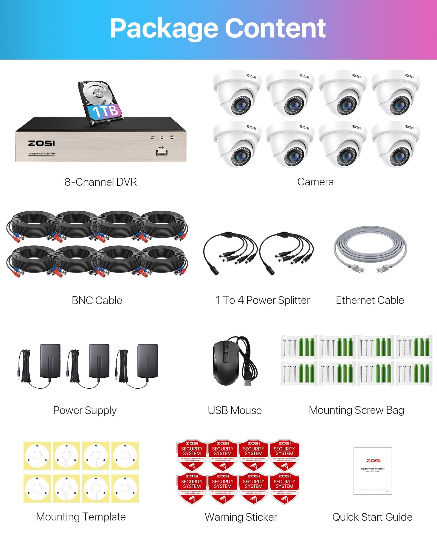 ZOSI 3K Lite 8CH Security Camera System with 1TB HDD,AI Human/Vehicle Detection,80ft Night Vision,H.265+ 8 Channel 1080P HD-TVI DVR Recorder,8pcs 1920TVL Weatherproof CCTV Dome Cameras Indoor Outdoor