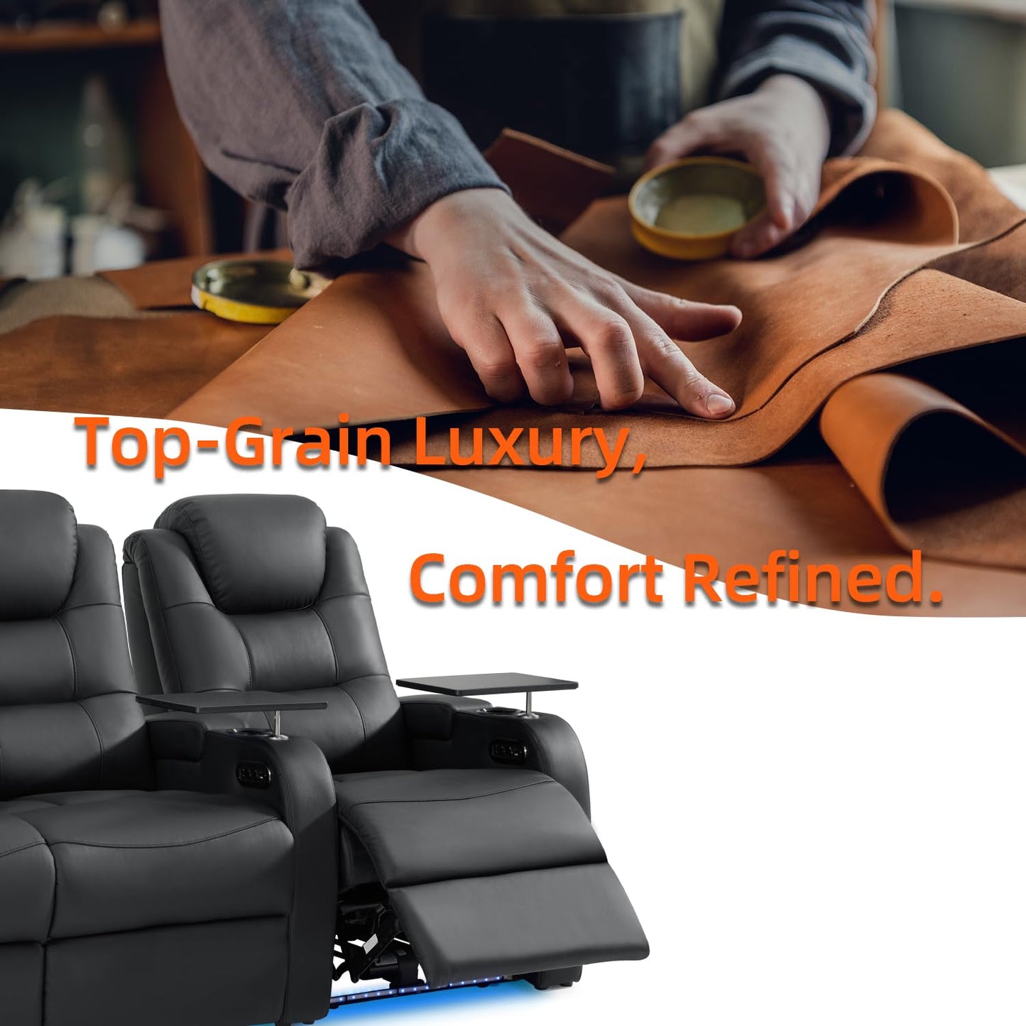comfiroom Top Grain Leather Home Theater Seating Seats, Simple Style Dual Power Gaming Sofa Top Grain Leather Movie Theater Chairs Recliner Sofa with Type-C USB Charger (Black, Row of 2)