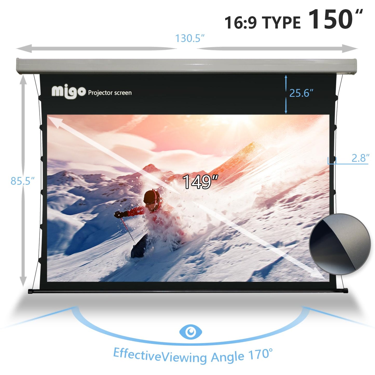 MIGO 150 Inch Pull Down Electric Projector Screen, Grey Crystal 2.0 Gain Partial Ambient Light 4K Tab-Tension Projector Screen Wall & Ceiling Mount for Short Throw Projector Movie Home Theater Cinema